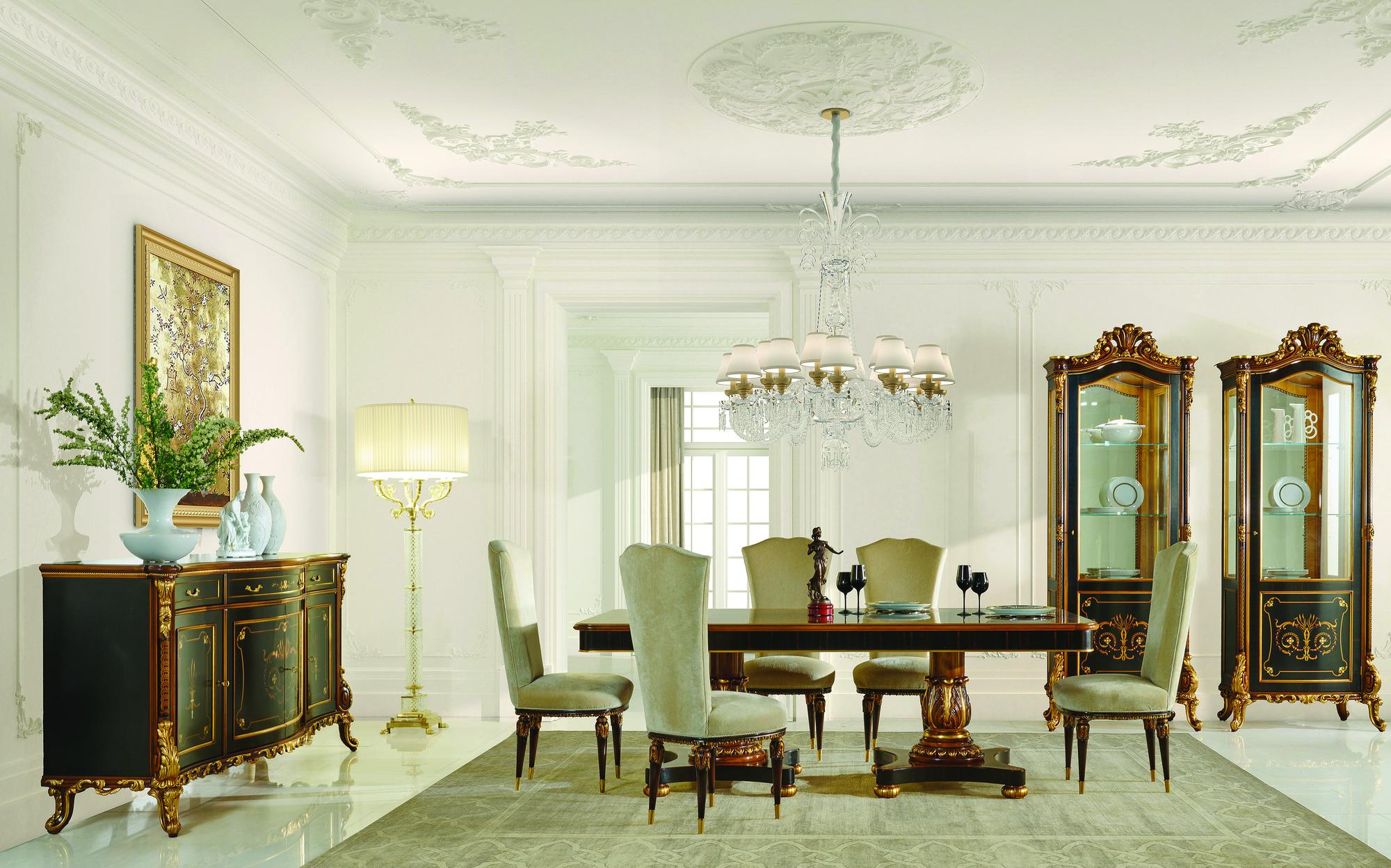 Zanaboni Classic Mood dining room with round table, chairs and inlaid cabinets Zanaboni Classic Mood dining room with round table, chairs and inlaid cabinets – Italian luxury classic furniture