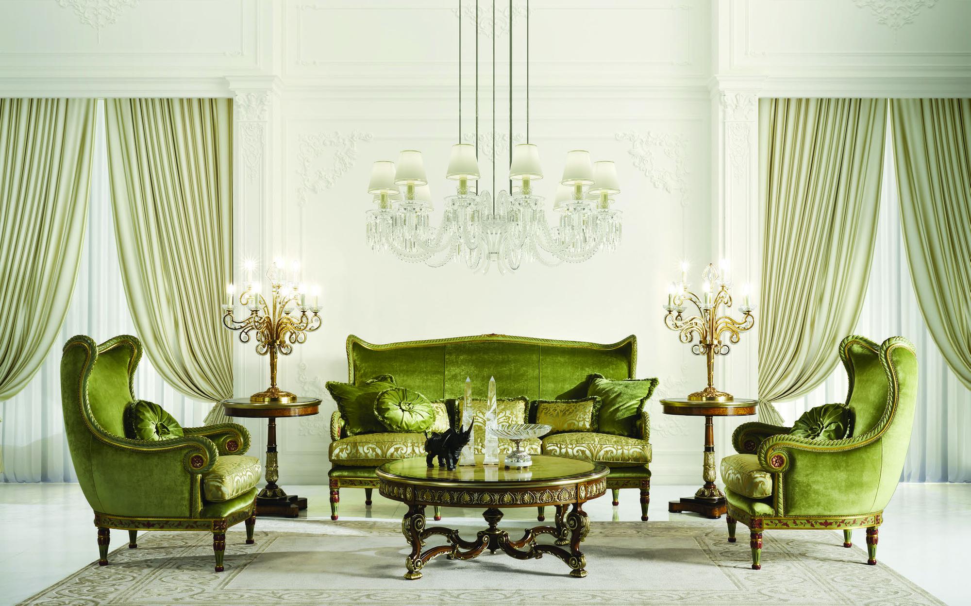 Zanaboni Classic Mood green velvet sofa and wing armchairs with round table Zanaboni Classic Mood green velvet sofa and wing armchairs with round table – Italian luxury classic furniture