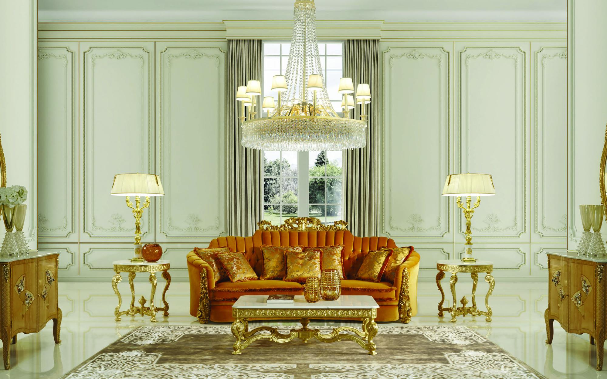 Zanaboni Classic Mood orange velvet carved sofa with gold coffee table Zanaboni Classic Mood orange velvet carved sofa with gold coffee table – Italian luxury classic furniture