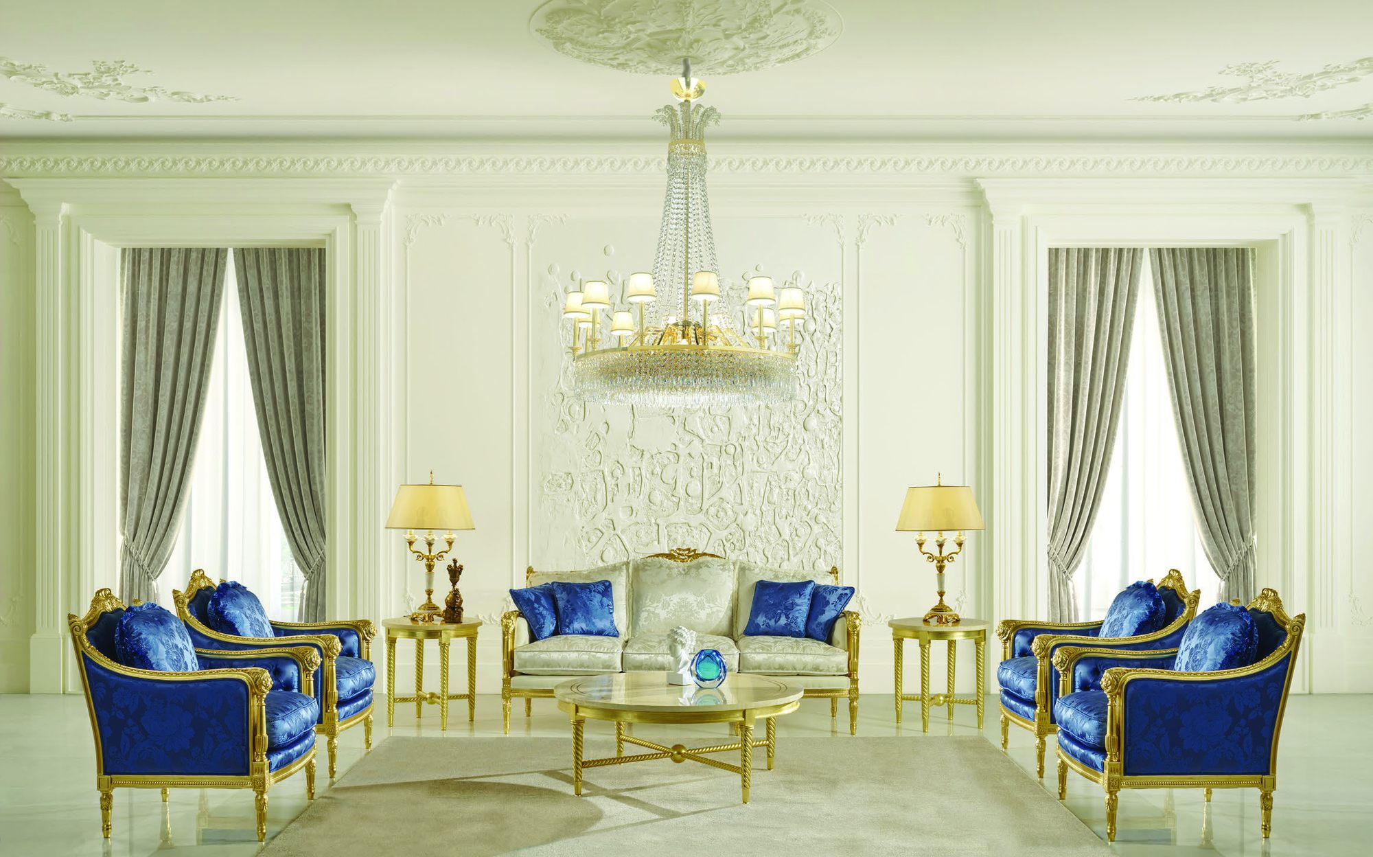 Zanaboni Classic Mood blue silk armchairs with gold carved sofas Zanaboni Classic Mood blue silk armchairs with gold carved sofas – Italian luxury classic furniture