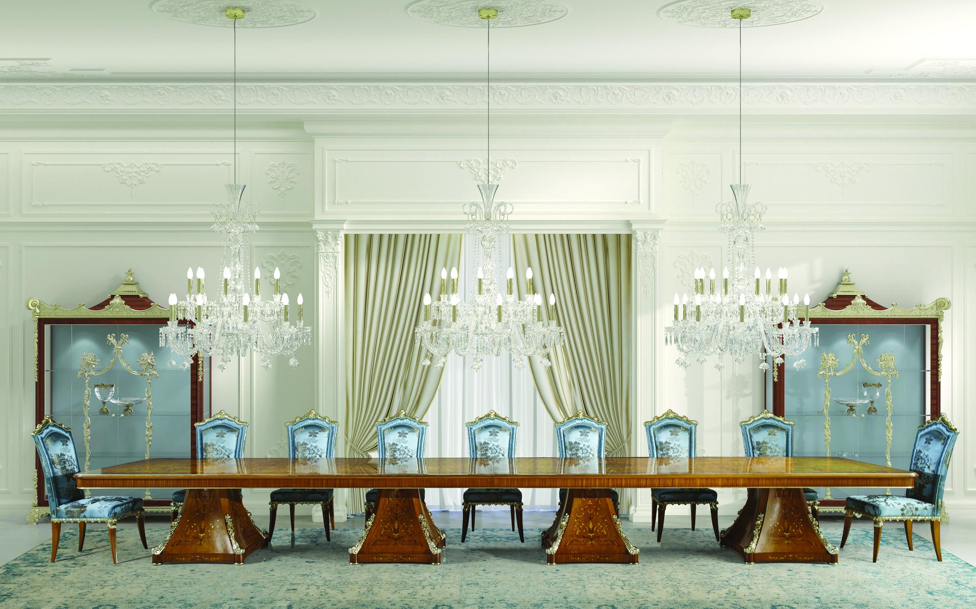 Zanaboni Classic Mood long inlaid dining table with silk chairs and cabinets Zanaboni Classic Mood long inlaid dining table with silk chairs and cabinets – Italian luxury classic furniture