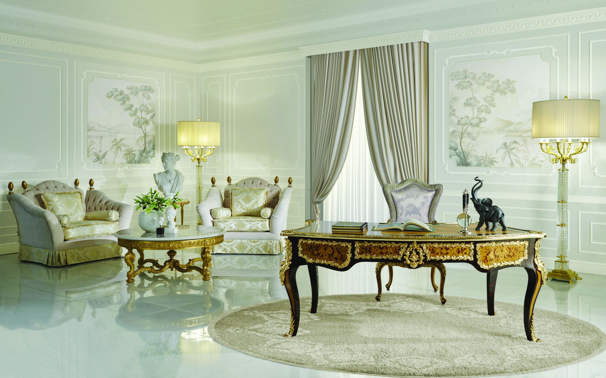 Zanaboni Classic Mood study with inlaid writing desk and armchairs Zanaboni Classic Mood study with inlaid writing desk and armchairs – Italian luxury classic furniture