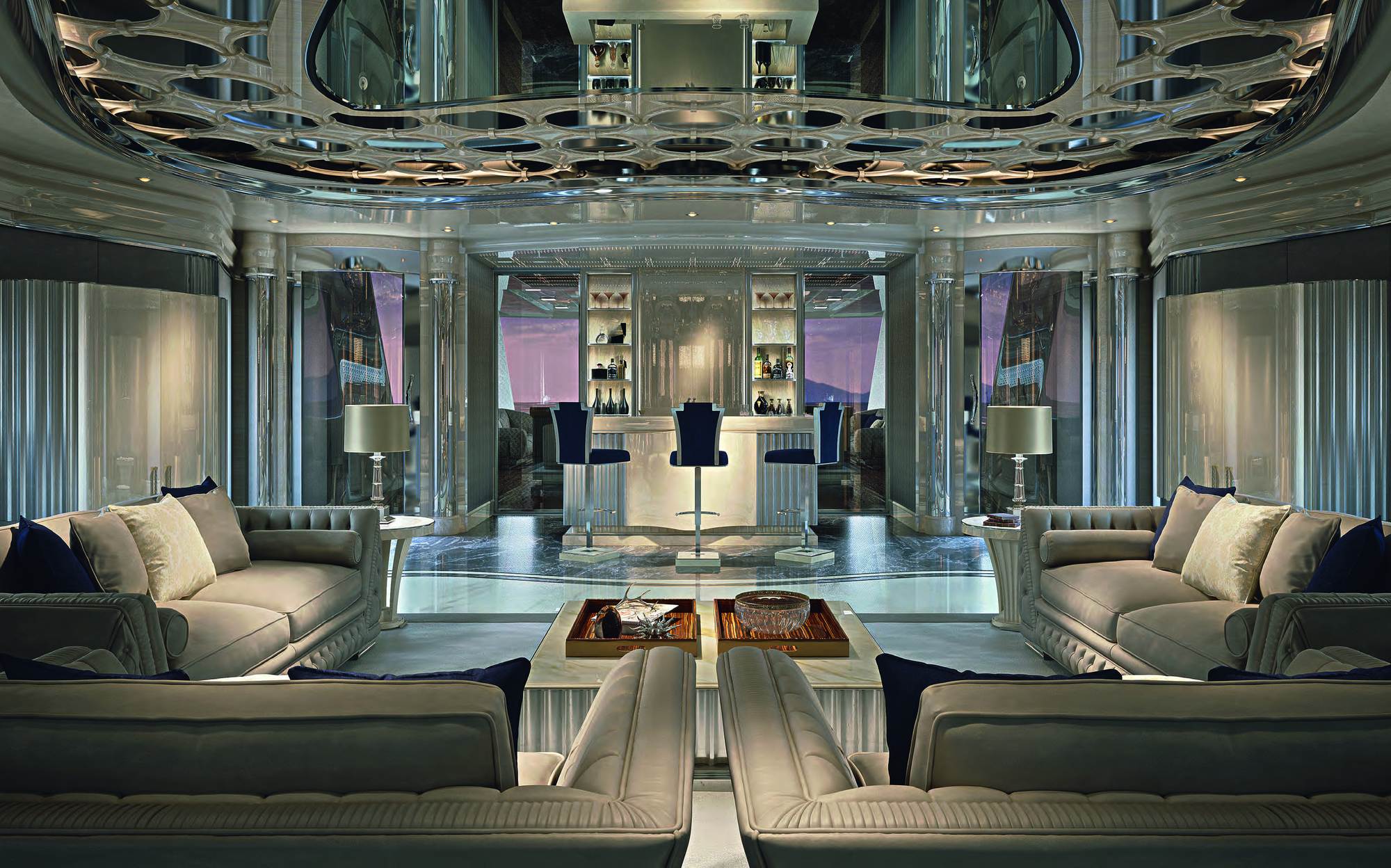 Zanaboni Contemporary Project superyacht main salon with sofas and mirrored ceiling Zanaboni Contemporary Project superyacht main salon with sofas and mirrored ceiling – Italian luxury contemporary furniture