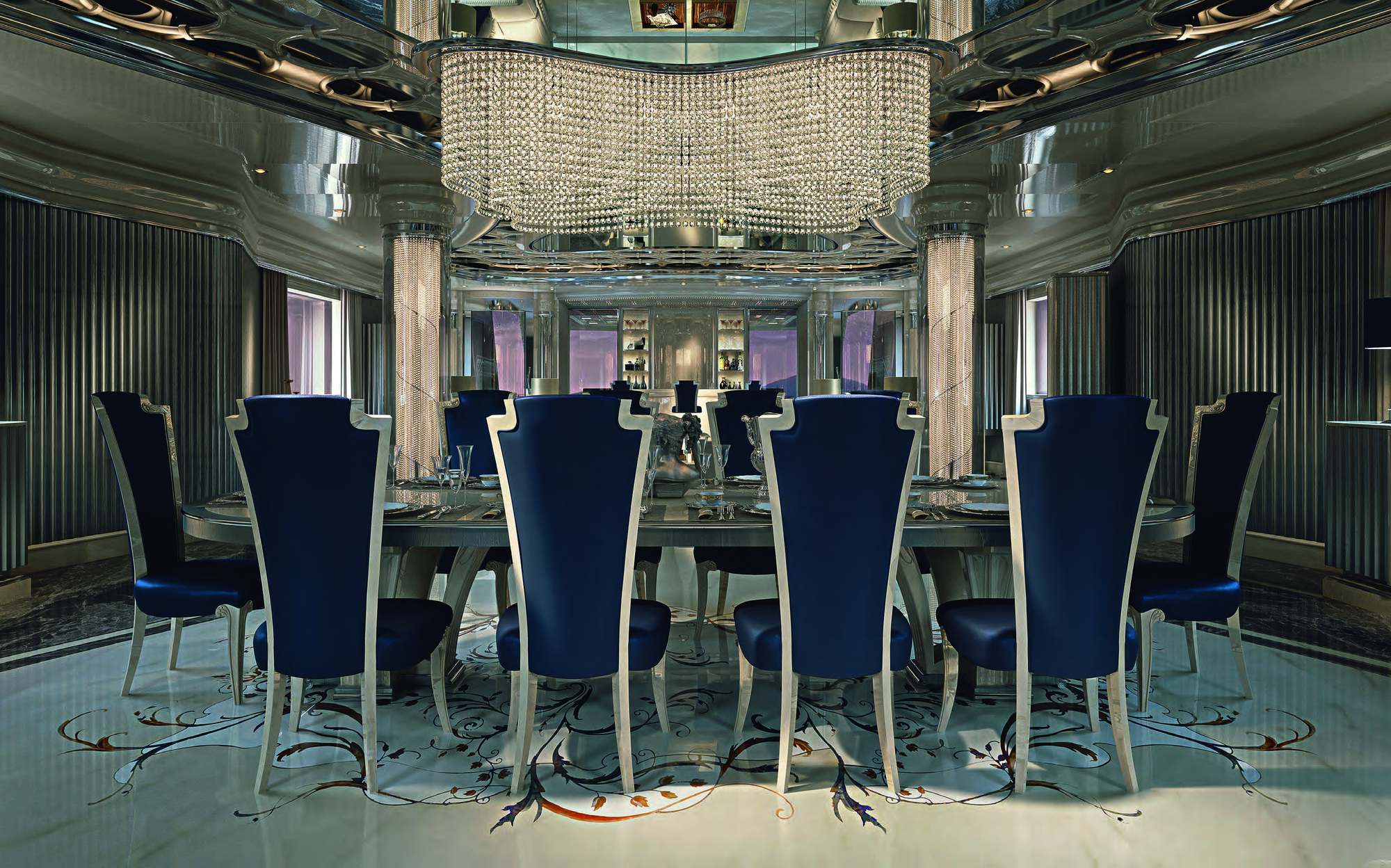 Zanaboni Contemporary Project yacht dining room with blue velvet chairs and crystal chandelier Zanaboni Contemporary Project yacht dining room with blue velvet chairs and crystal chandelier – Italian luxury contemporary furniture