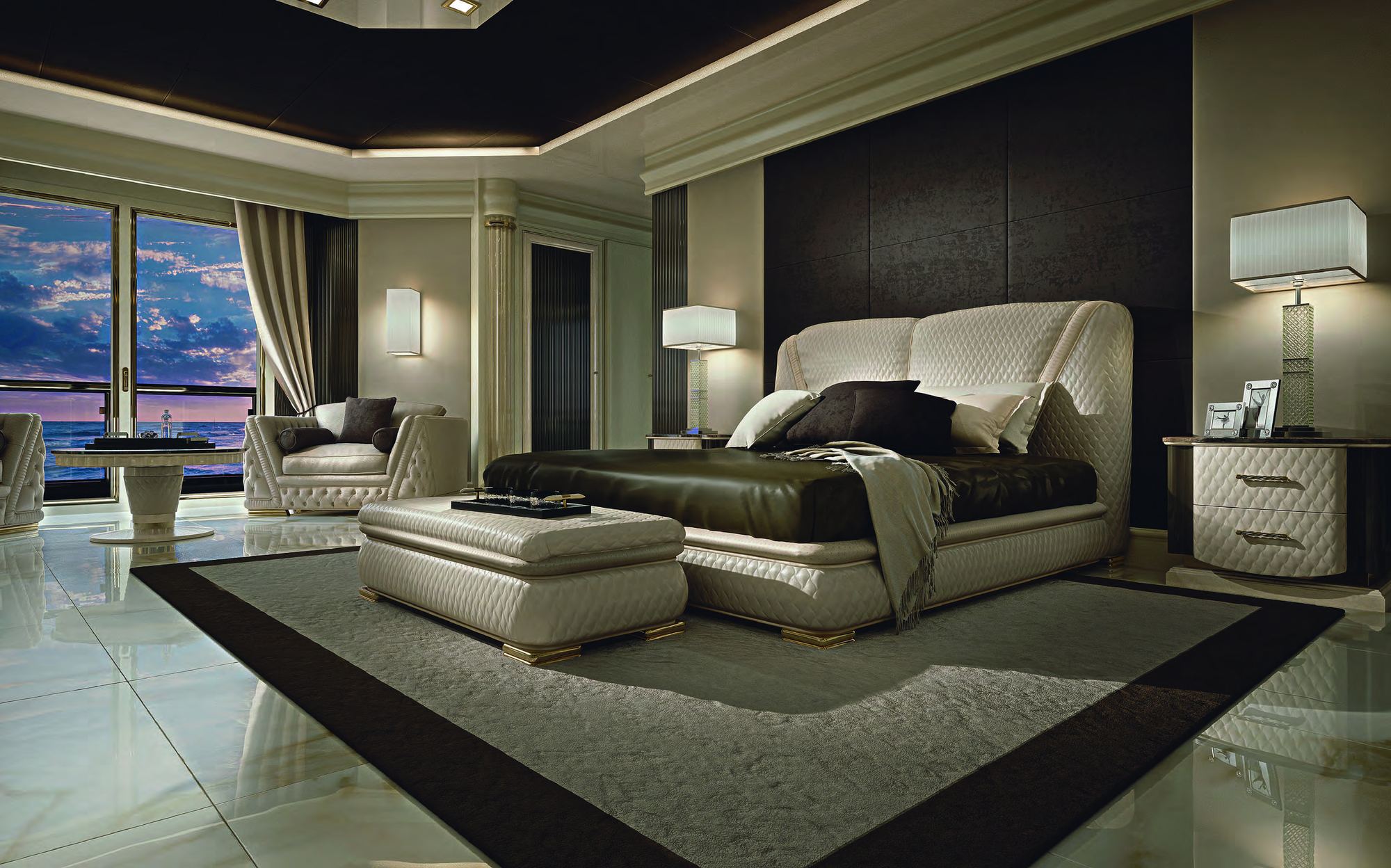 Zanaboni Contemporary Project penthouse bedroom with quilted bed and bench Zanaboni Contemporary Project penthouse bedroom with quilted bed and bench – Italian luxury contemporary furniture