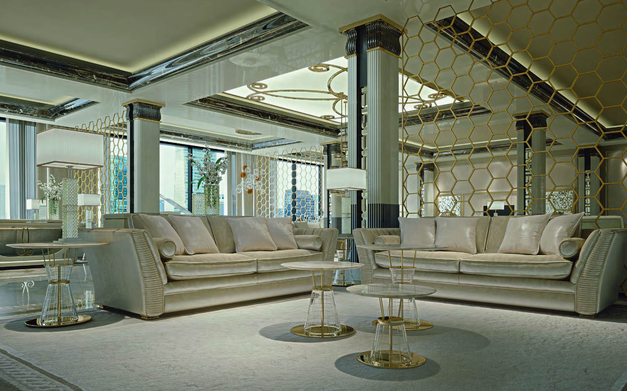 Zanaboni Contemporary Project living room with ivory sofas and mirror panels Zanaboni Contemporary Project living room with ivory sofas and mirror panels – Italian luxury contemporary furniture