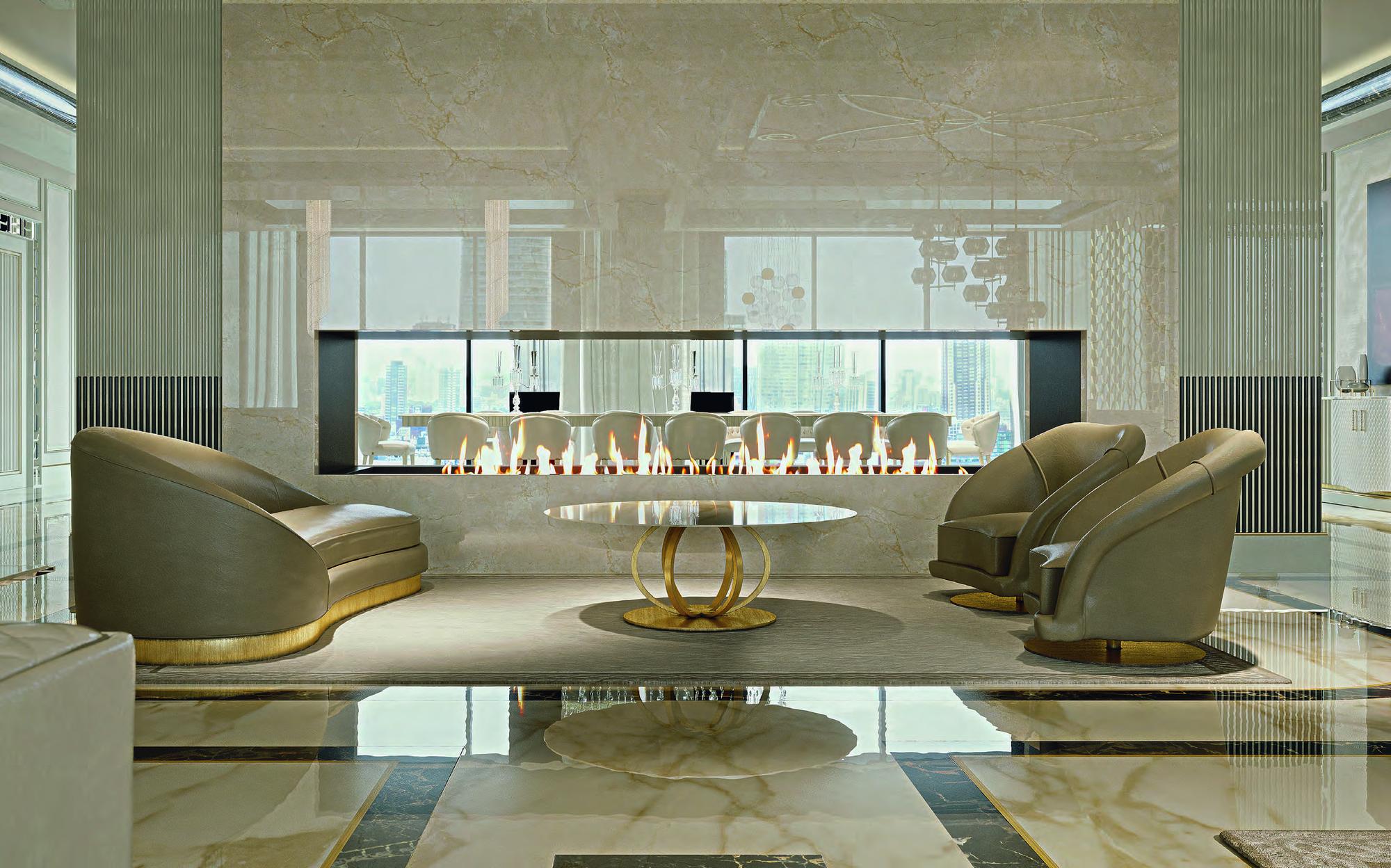 Zanaboni Contemporary Project living room with fireplace, curved armchairs and oval table Zanaboni Contemporary Project living room with fireplace, curved armchairs and oval table – Italian luxury contemporary furniture