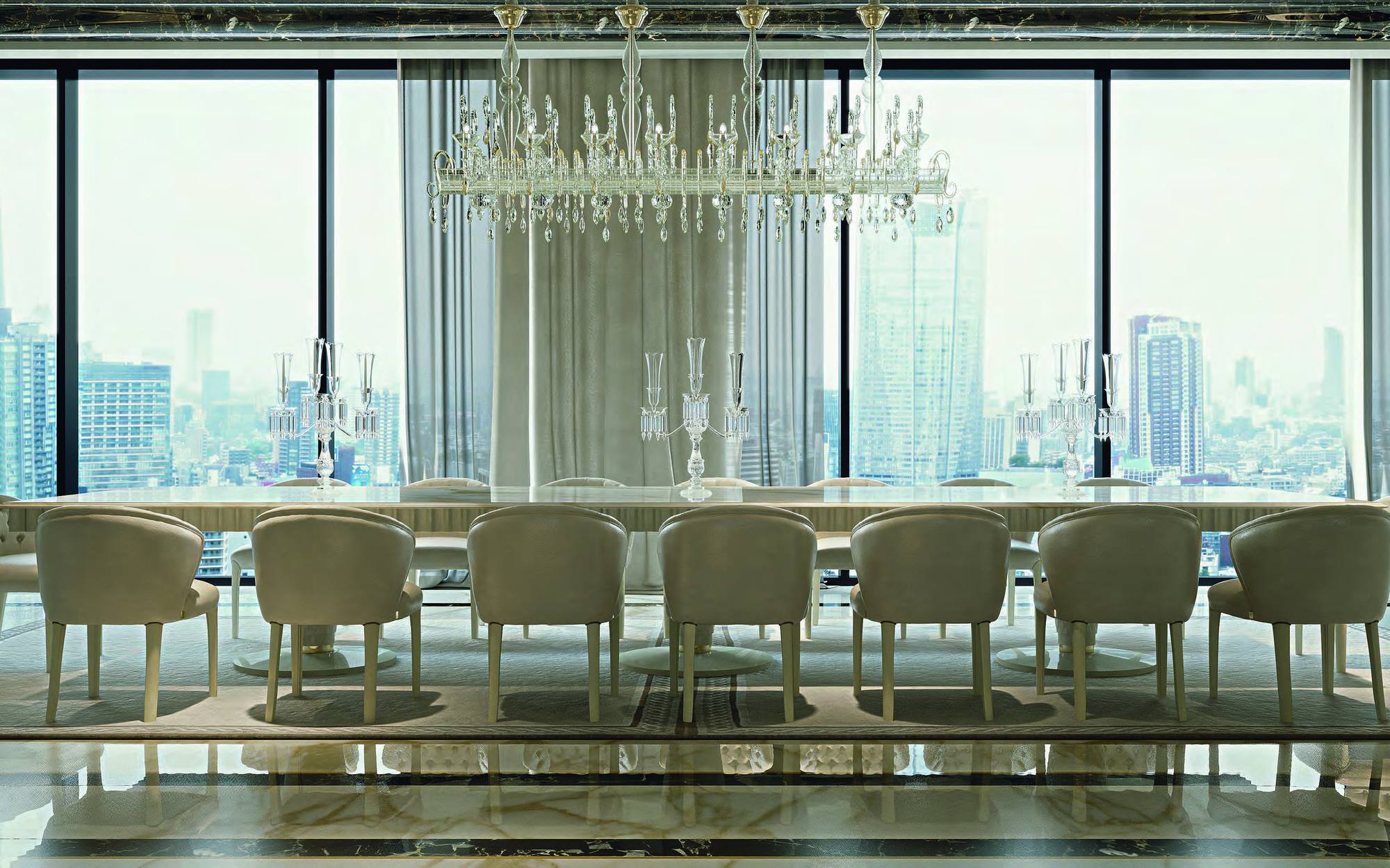 Zanaboni Contemporary Project dining room with long table, chairs and crystal chandeliers Zanaboni Contemporary Project dining room with long table, chairs and crystal chandeliers – Italian luxury contemporary furniture