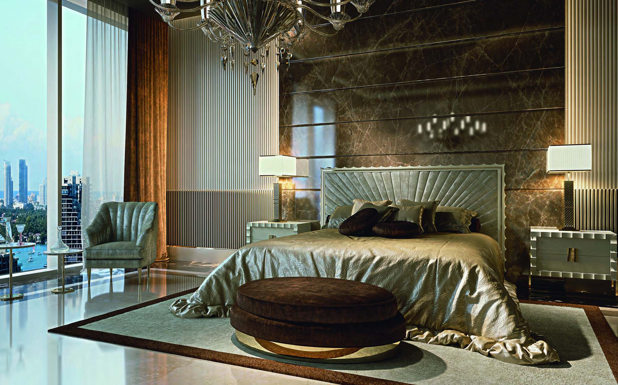 Zanaboni Contemporary Project bedroom with fan headboard bed and round pouf Zanaboni Contemporary Project bedroom with fan headboard bed and round pouf – Italian luxury contemporary furniture