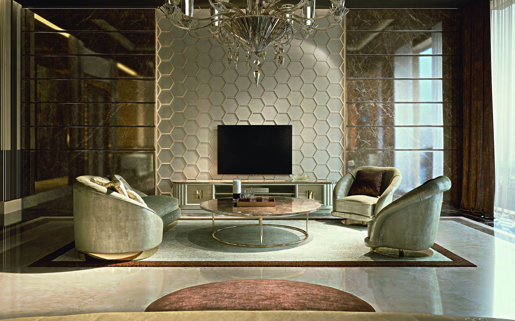 Zanaboni Contemporary Project TV living room with hexagon boiserie and curved armchairs Zanaboni Contemporary Project TV living room with hexagon boiserie and curved armchairs – Italian luxury contemporary furniture