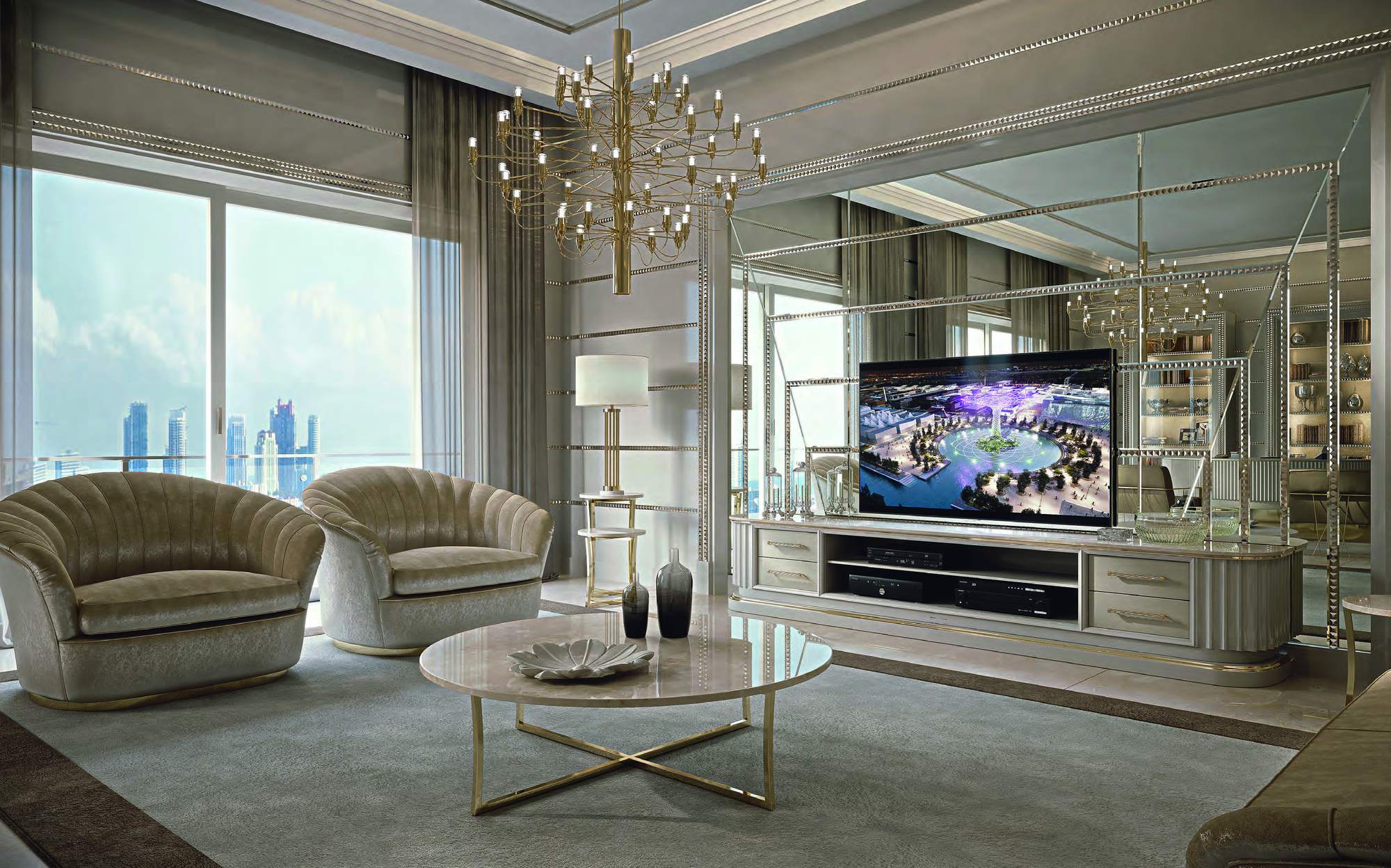 Zanaboni Contemporary Project living room with shell armchairs, TV cabinet and chandelier Zanaboni Contemporary Project living room with shell armchairs, TV cabinet and chandelier – Italian luxury contemporary furniture