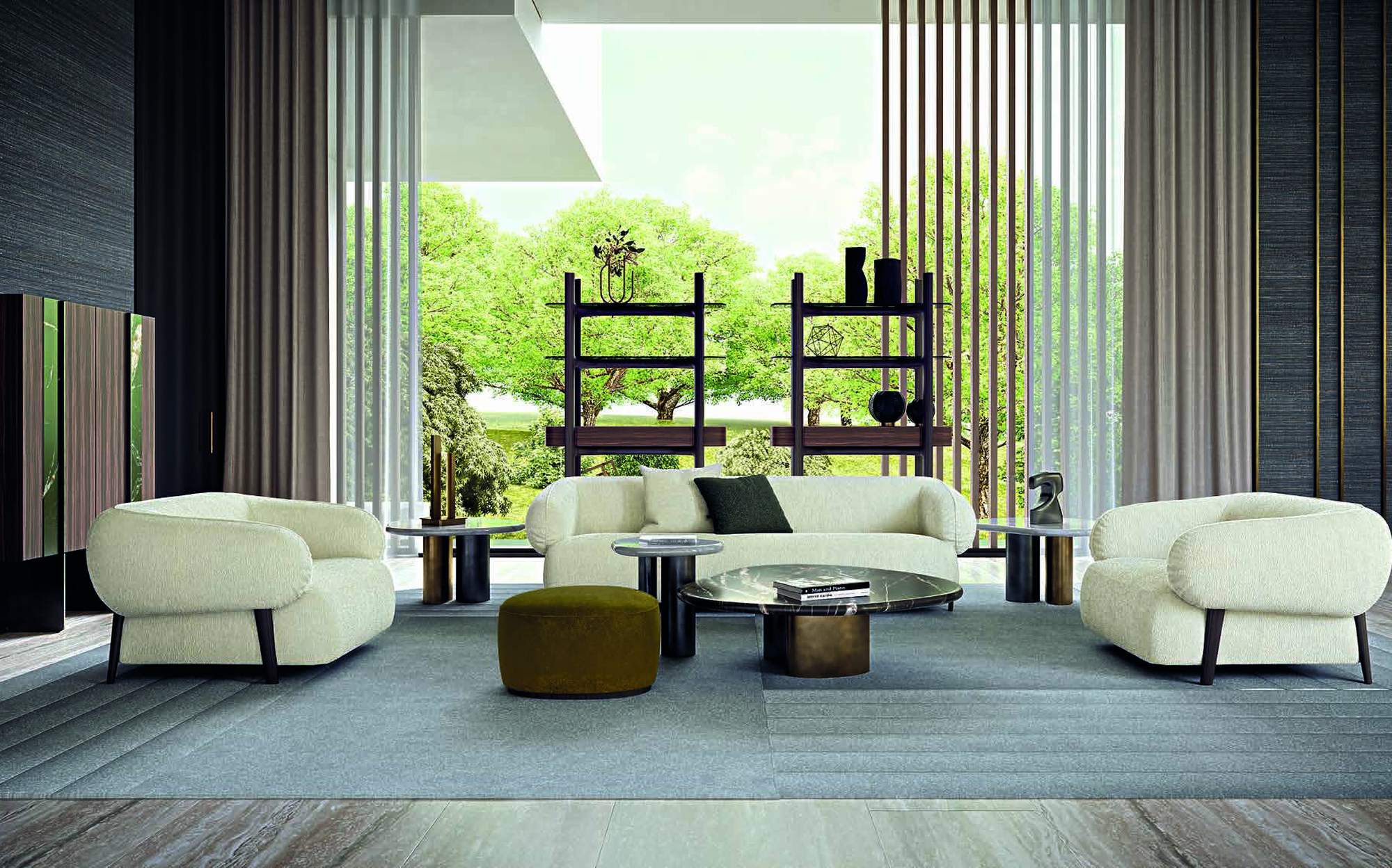 Zanaboni Edizioni Next white boucle sofa and armchairs with bookcases and marble coffee tables Zanaboni Edizioni Next white boucle sofa and armchairs with bookcases and marble coffee tables – Italian luxury contemporary furniture