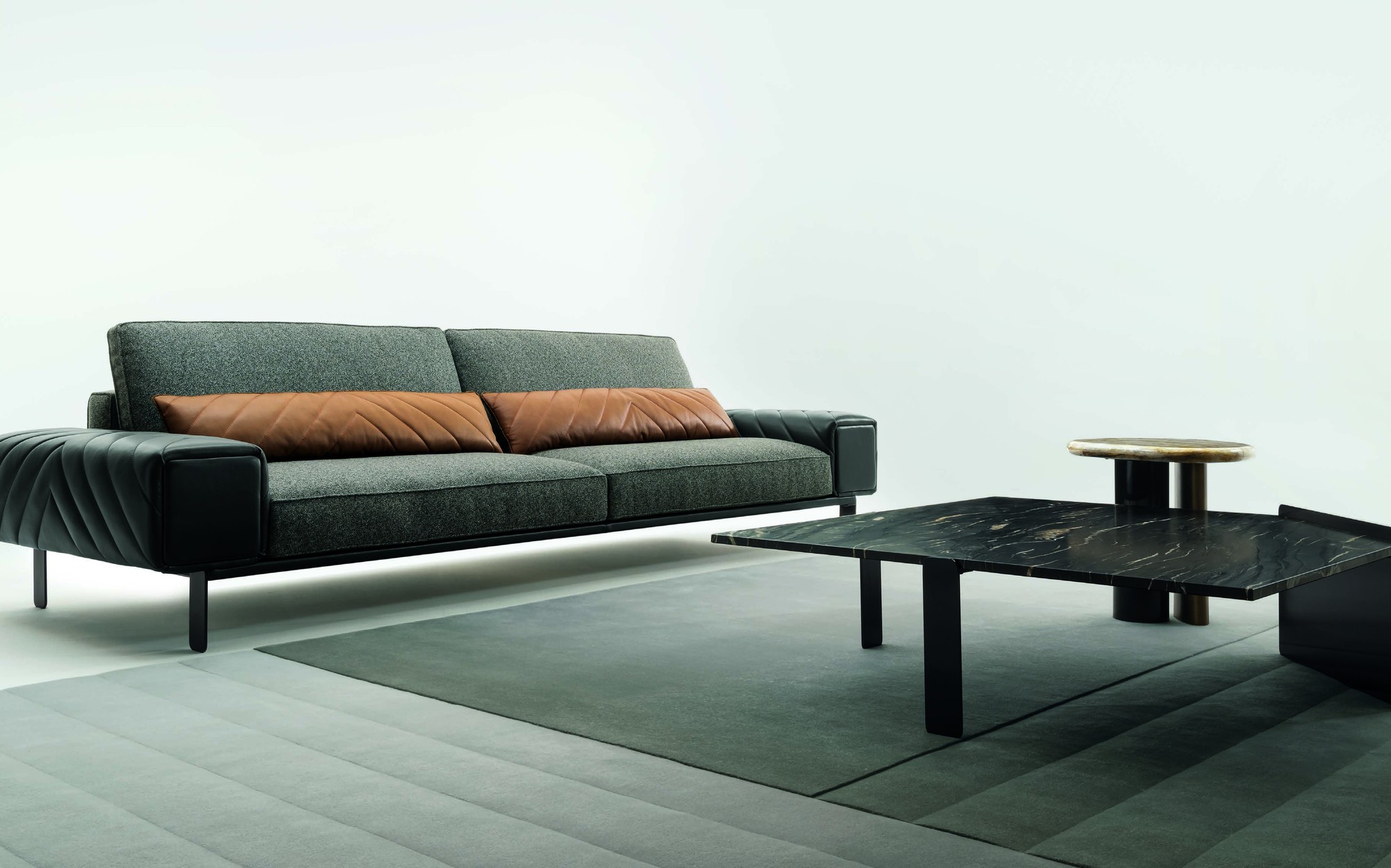Zanaboni Edizioni Next grey sofa with leather cushions and black marble coffee table Zanaboni Edizioni Next grey sofa with leather cushions and black marble coffee table – Italian luxury contemporary furniture