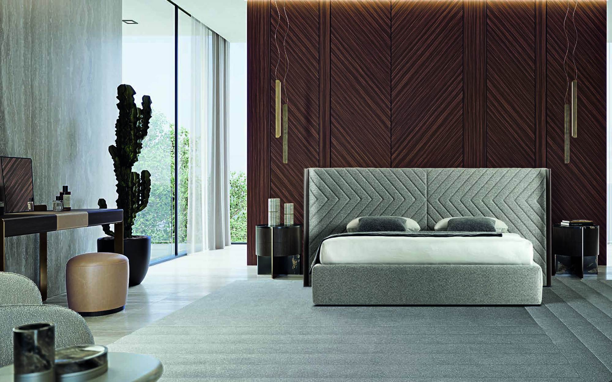 Zanaboni Edizioni Next upholstered bed with chevron headboard and wood boiserie Zanaboni Edizioni Next upholstered bed with chevron headboard and wood boiserie – Italian luxury contemporary furniture
