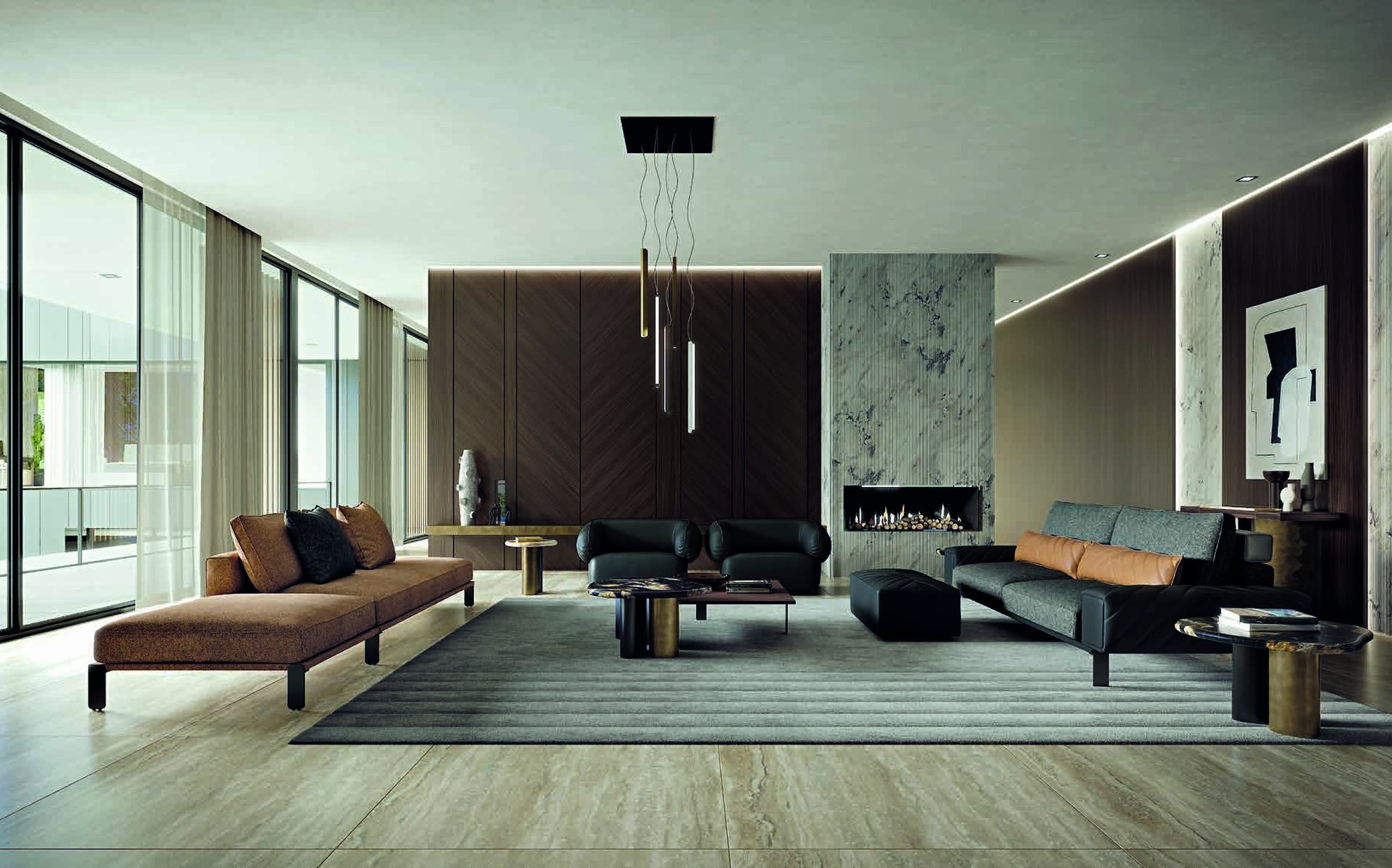 Zanaboni Edizioni Next living room with leather sofas, fireplace and chandelier Zanaboni Edizioni Next living room with leather sofas, fireplace and chandelier – Italian luxury contemporary furniture