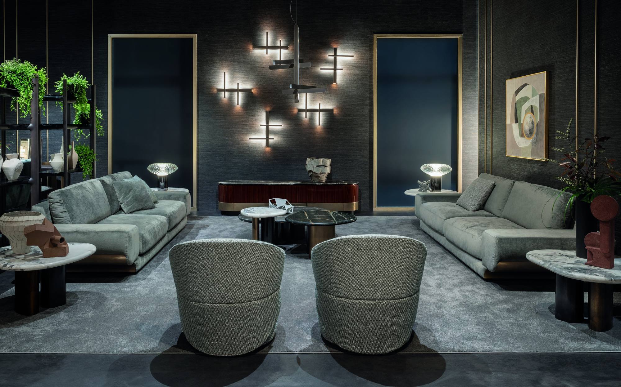 Zanaboni Edizioni Next living room with grey sofas, swivel armchairs and wall lamps Zanaboni Edizioni Next living room with grey sofas, swivel armchairs and wall lamps – Italian luxury contemporary furniture