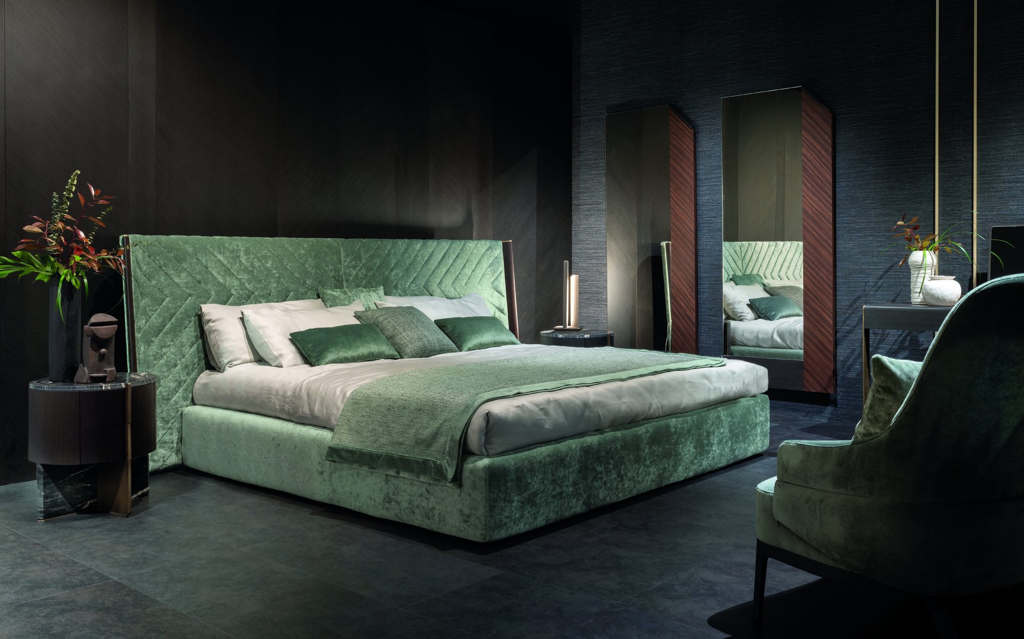 Zanaboni Edizioni Next bed with embroidered headboard and night tables Zanaboni Edizioni Next bed with embroidered headboard and night tables – Italian luxury contemporary furniture