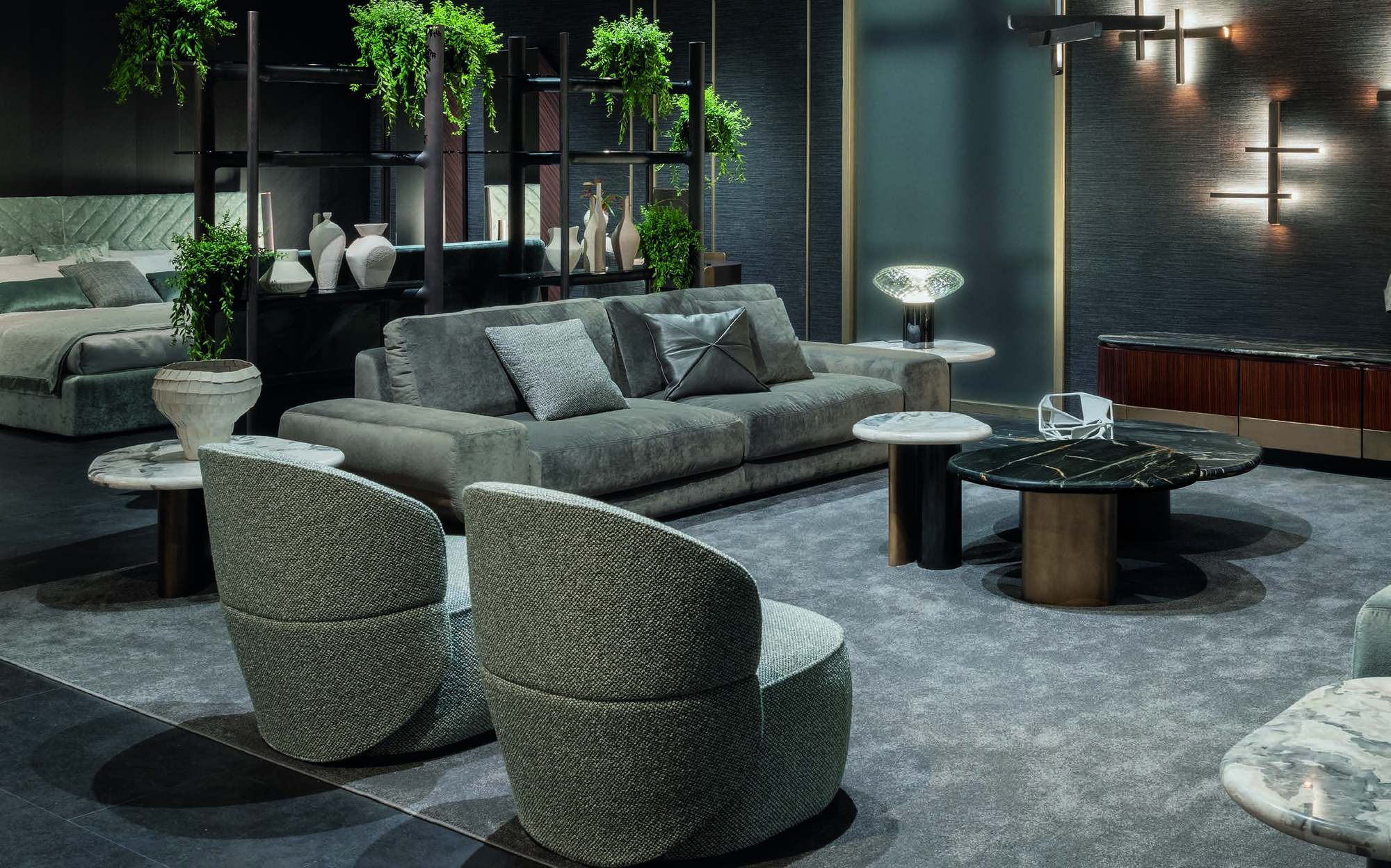 Zanaboni Edizioni Next grey sofa with swivel armchairs and marble coffee tables Zanaboni Edizioni Next grey sofa with swivel armchairs and marble coffee tables – Italian luxury contemporary furniture