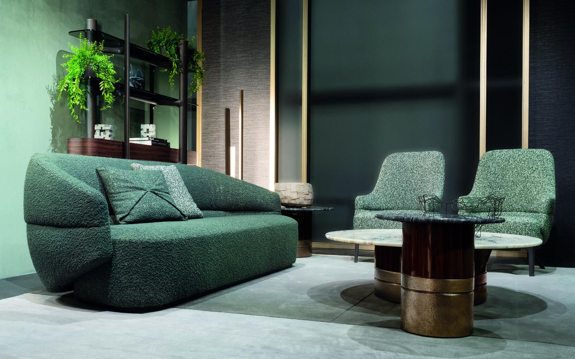 Zanaboni Edizioni Next green sofa with bergere armchairs and marble coffee tables Zanaboni Edizioni Next green sofa with bergere armchairs and marble coffee tables – Italian luxury contemporary furniture
