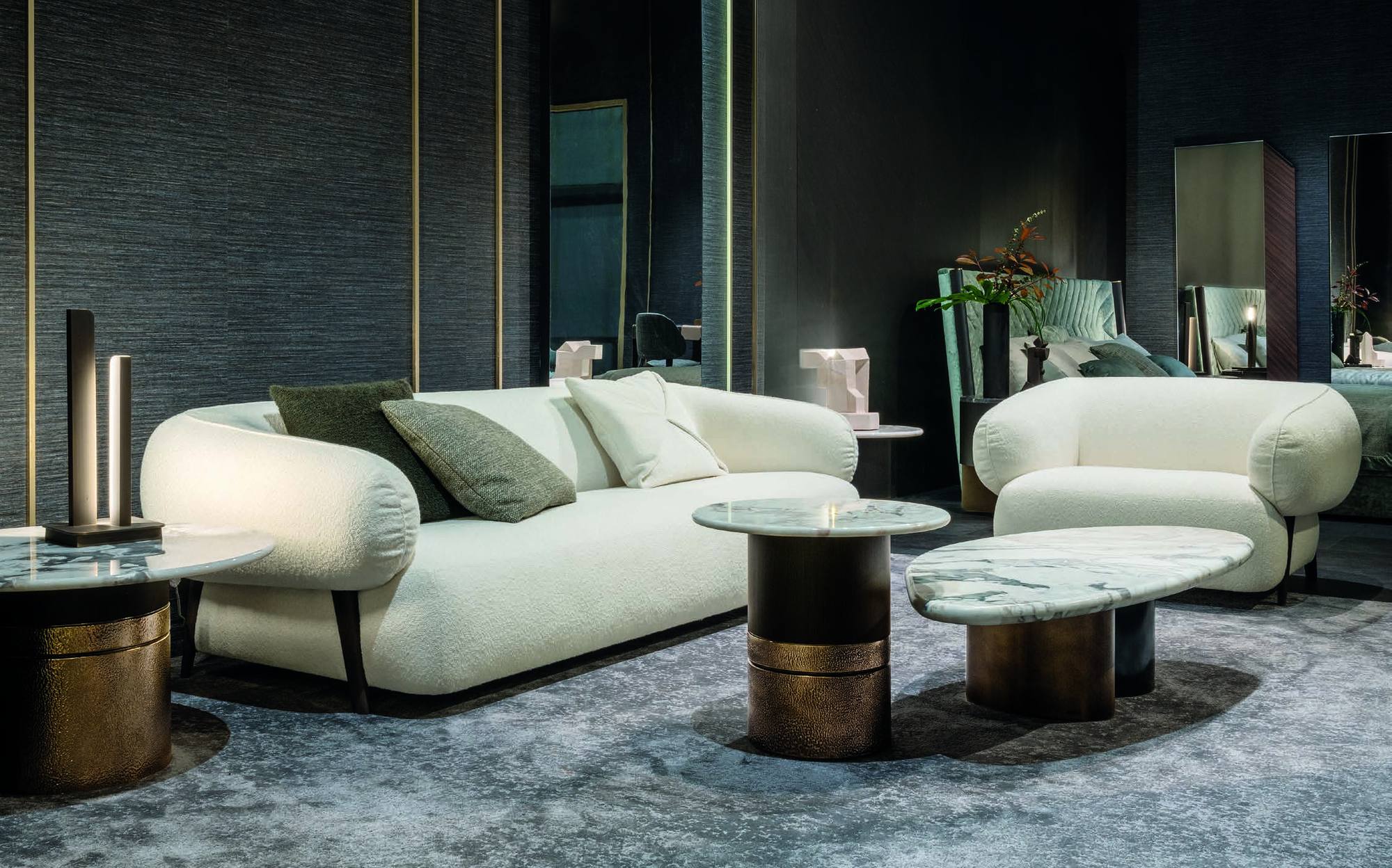 Zanaboni Edizioni Next white boucle sofa and armchair with marble coffee tables Zanaboni Edizioni Next white boucle sofa and armchair with marble coffee tables – Italian luxury contemporary furniture