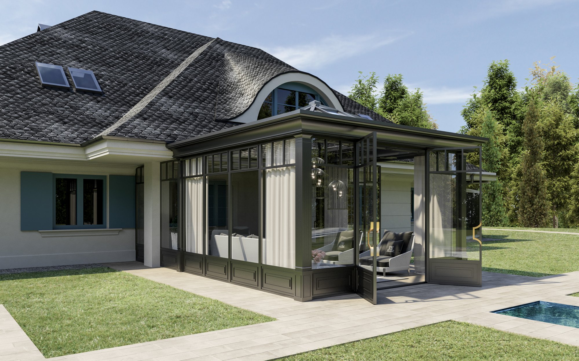 Orangerie Bratislava glass pavilion hospitality project by DFN with iron and glass structure | 101domus