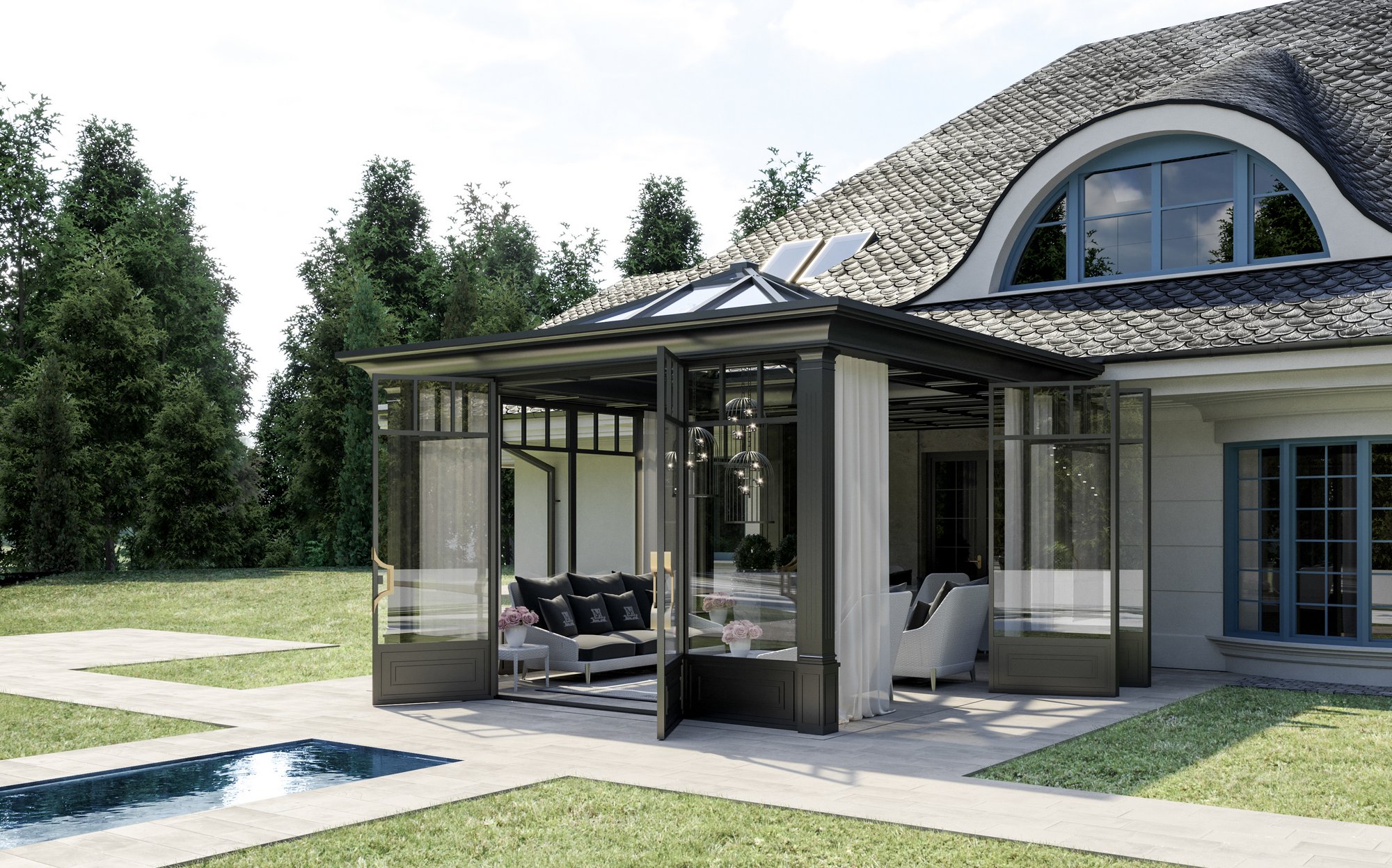 Orangerie Bratislava glass pavilion hospitality project by DFN with iron and glass structure | 101domus