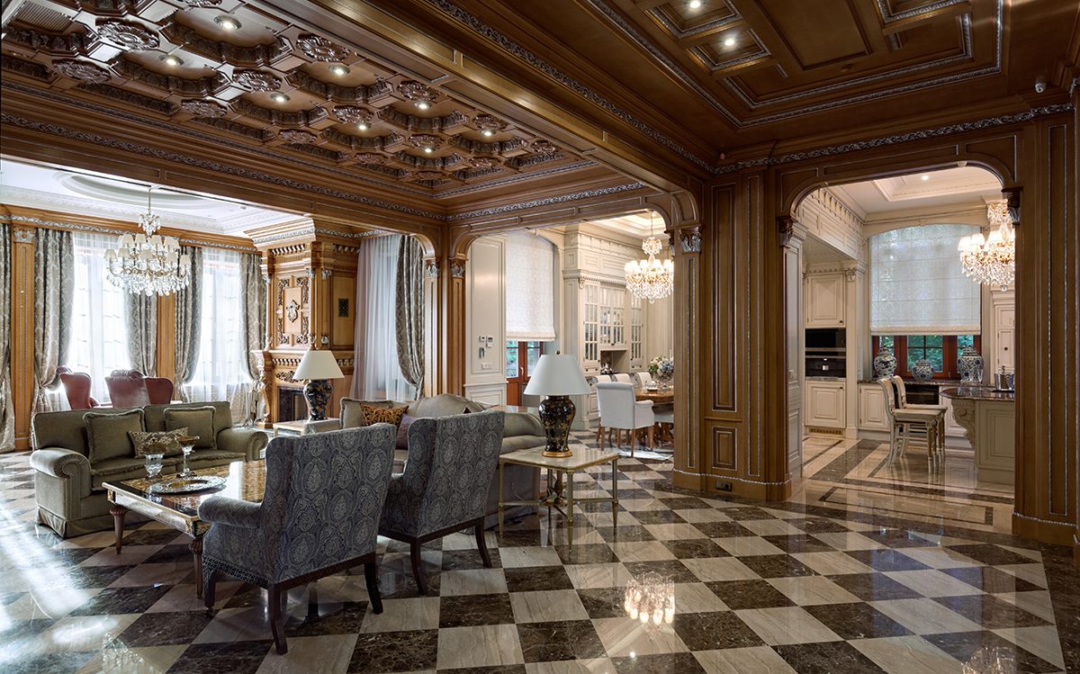 Wood-panelled reception rooms with coffered ceiling and chequered marble floor, classic villa in Italy | 101domus