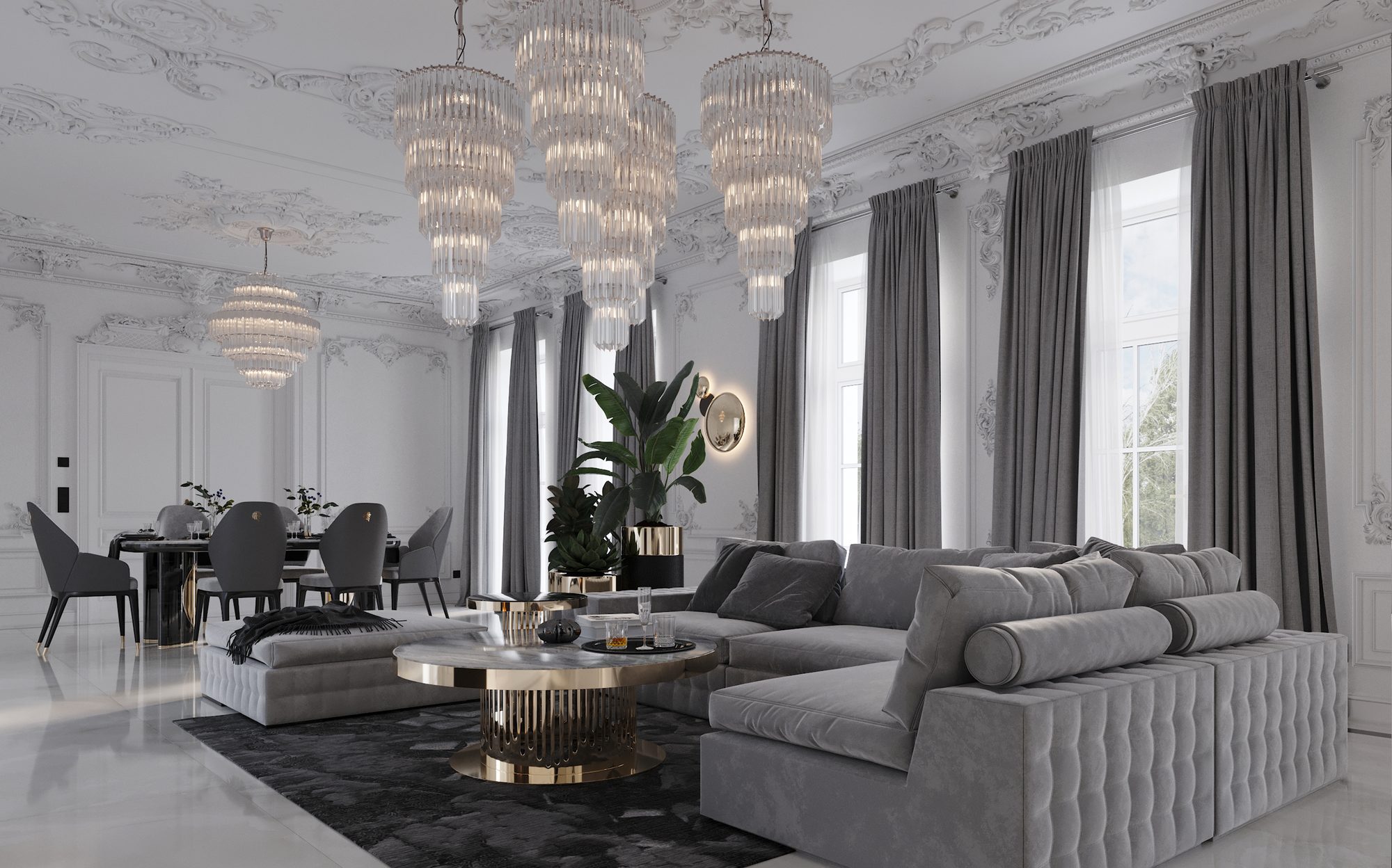 Вітальня з диваном Giorgio Collection Charisma в сірій замші та золотим столиком, приватна вілла в П'ятигорську | 101domus