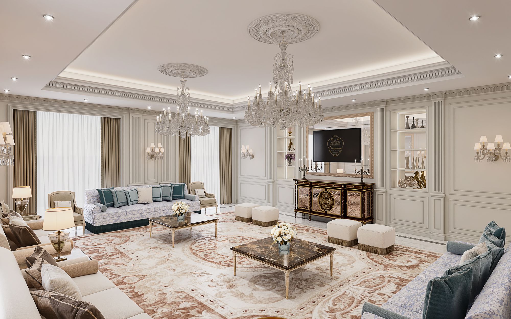 Neoclassical living room with crystal chandeliers and panelled walls, Muscat residence by Modenese | 101domus