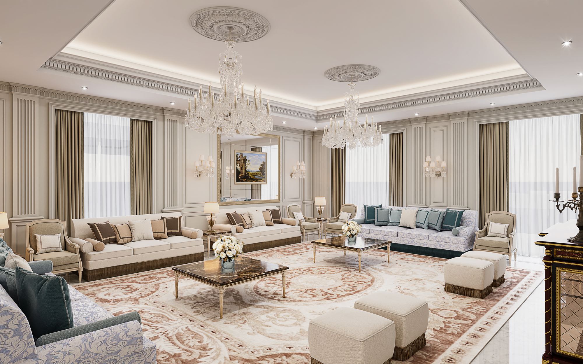 Custom sofas and marble coffee tables under crystal chandeliers, neoclassical living room Muscat | 101domus