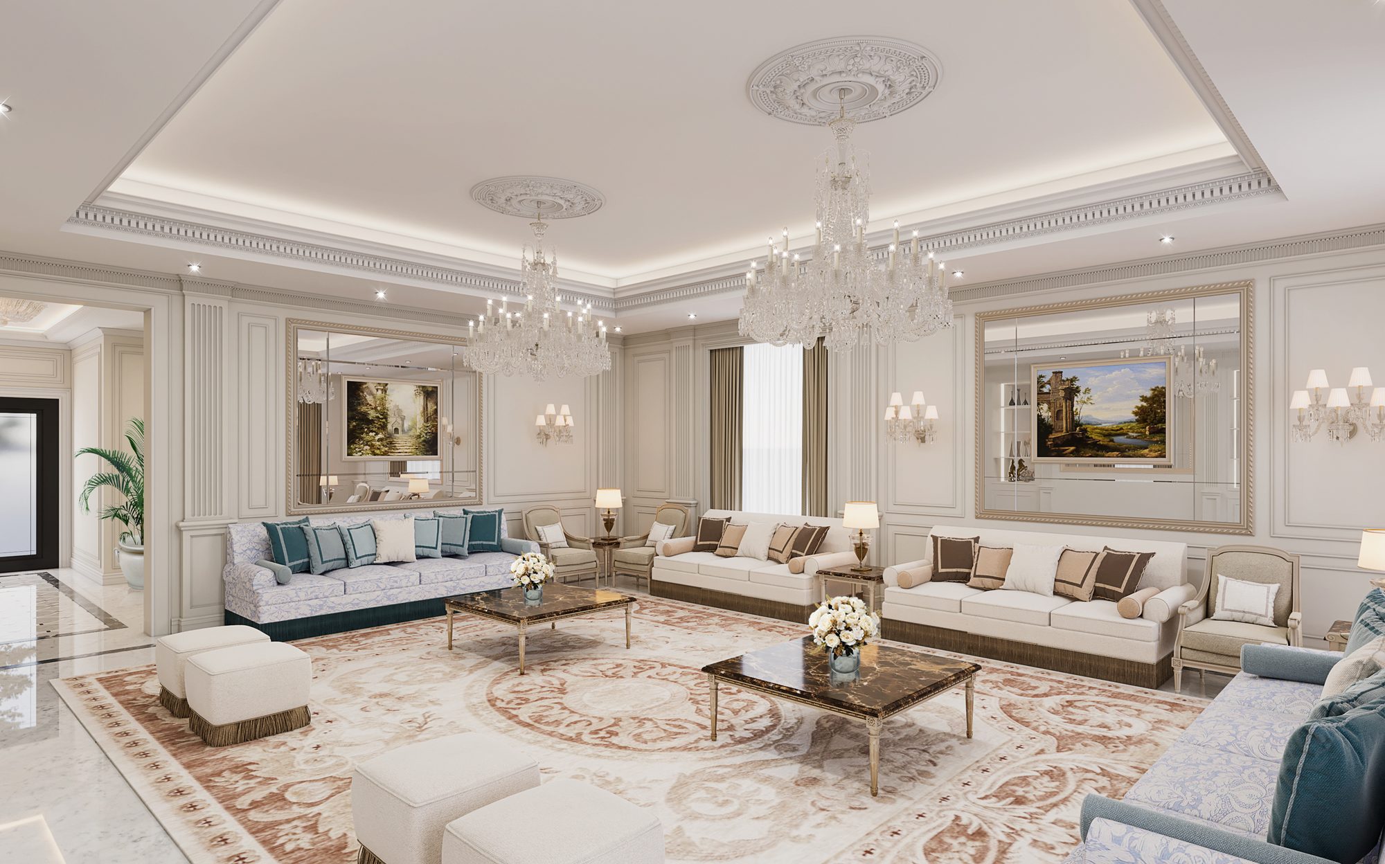 Seating groups, mirrored wall panels and bespoke carpet in a Muscat living room | 101domus