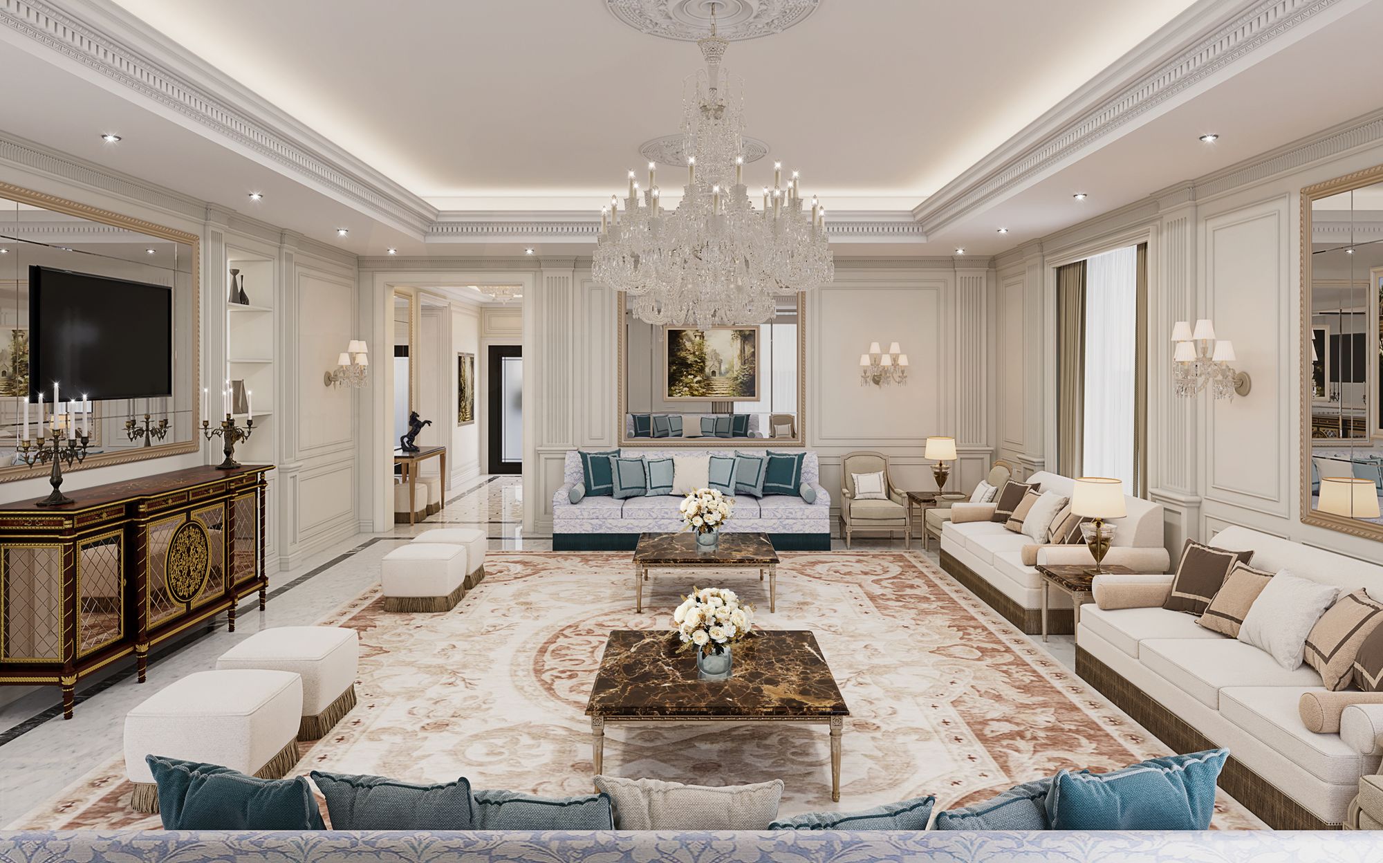 Living room with inlaid sideboard, ottomans and upholstered sofas, Modenese project in Oman | 101domus