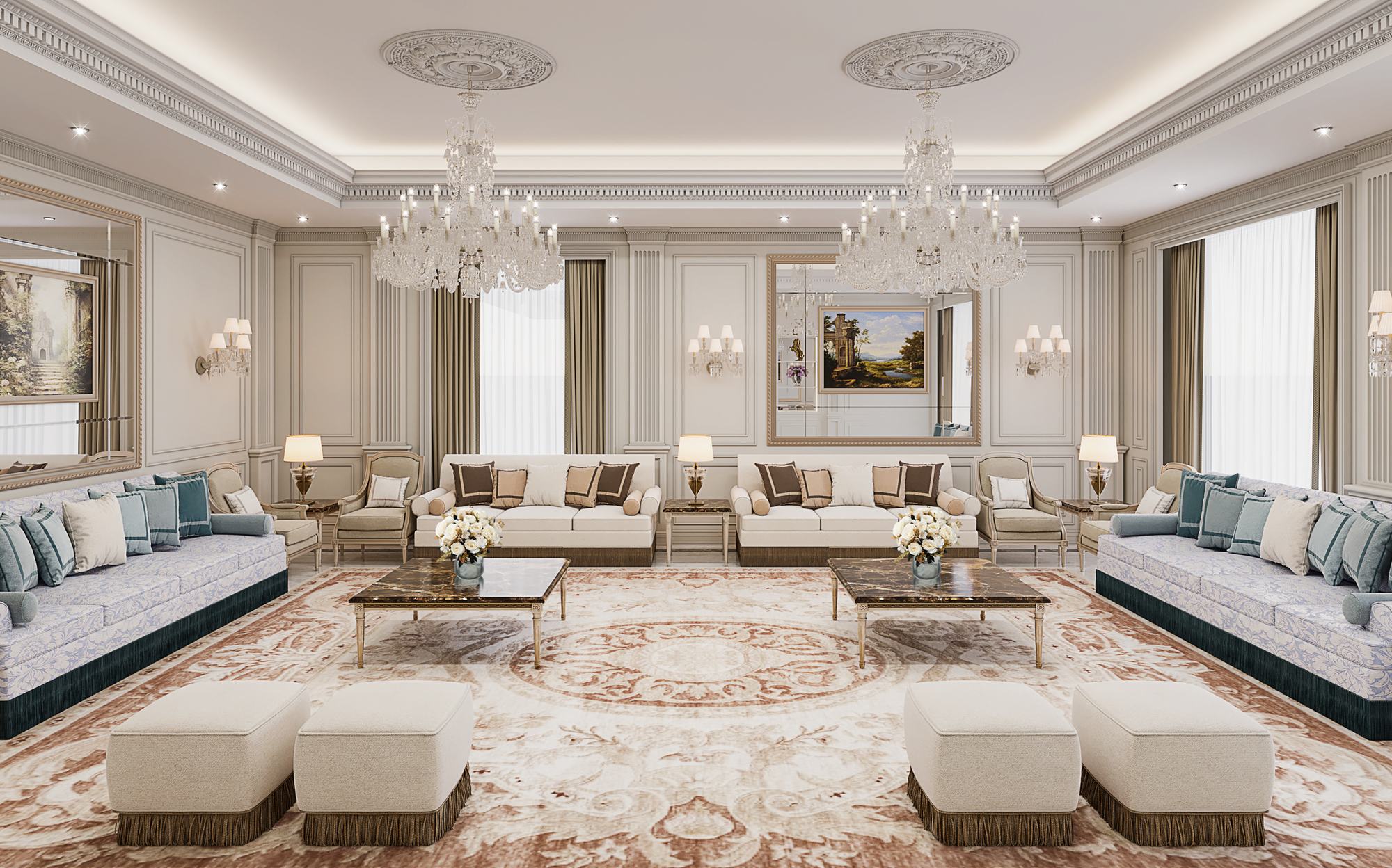 Symmetrical neoclassical living room with poufs and twin coffee tables, Muscat | 101domus