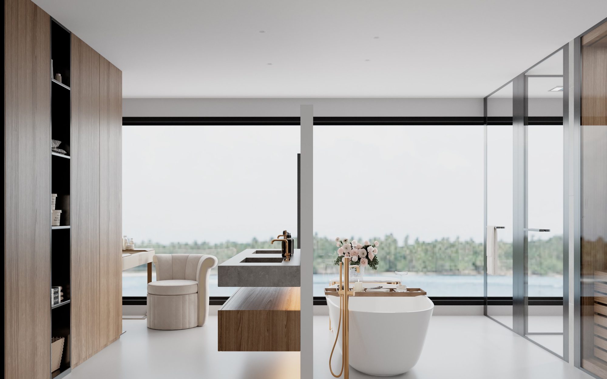 Open hotel suite bathroom with freestanding bathtub and floating vanity, Tulum by Modenese | 101domus