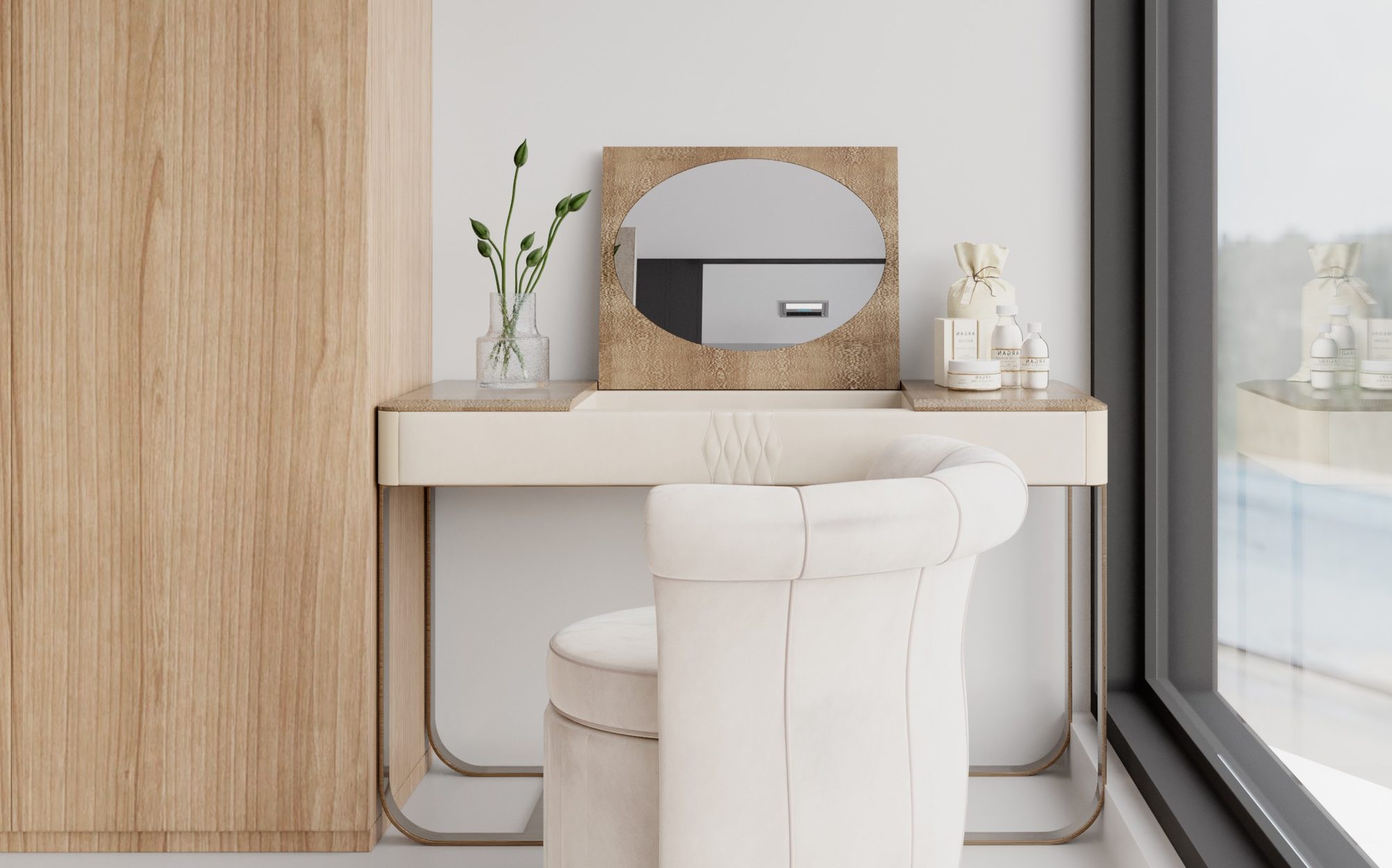 Dressing corner with upholstered chair and oval mirror, hotel suite bathroom in Tulum | 101domus