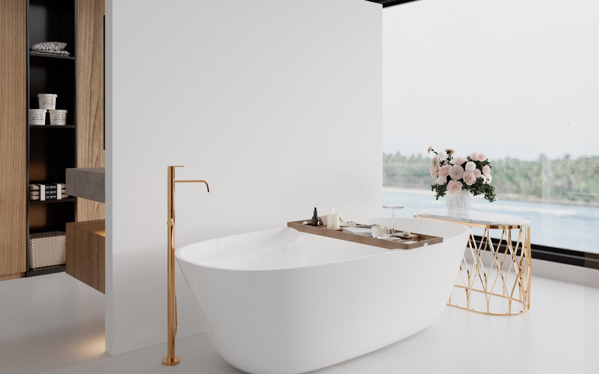 Freestanding bathtub with gold floor-mounted faucet and window view, Tulum suite | 101domus