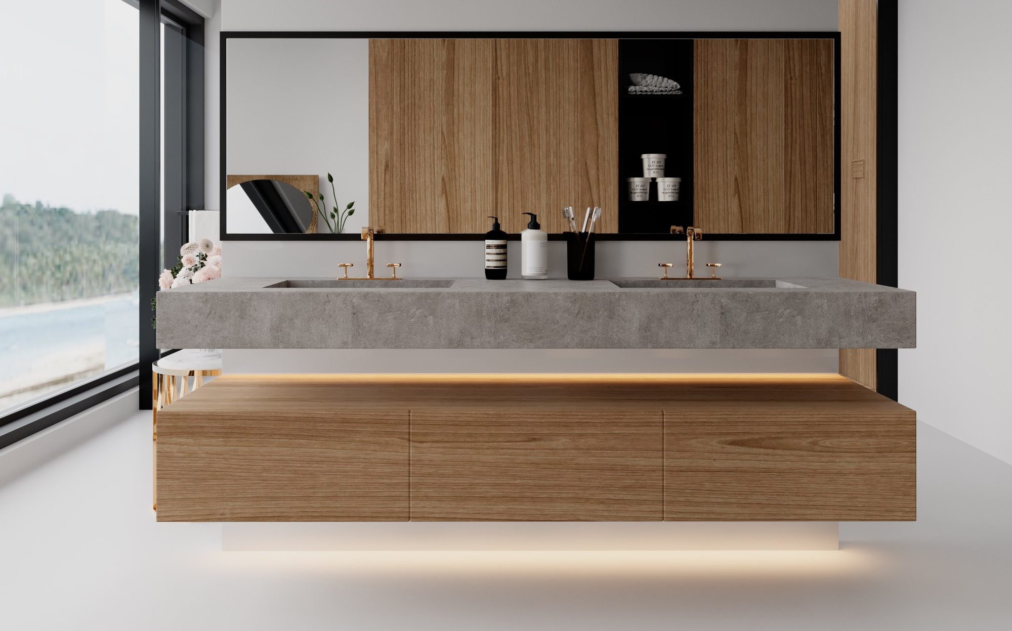 Double vanity with stone top and floating wood drawers, Modenese hotel bathroom in Mexico | 101domus