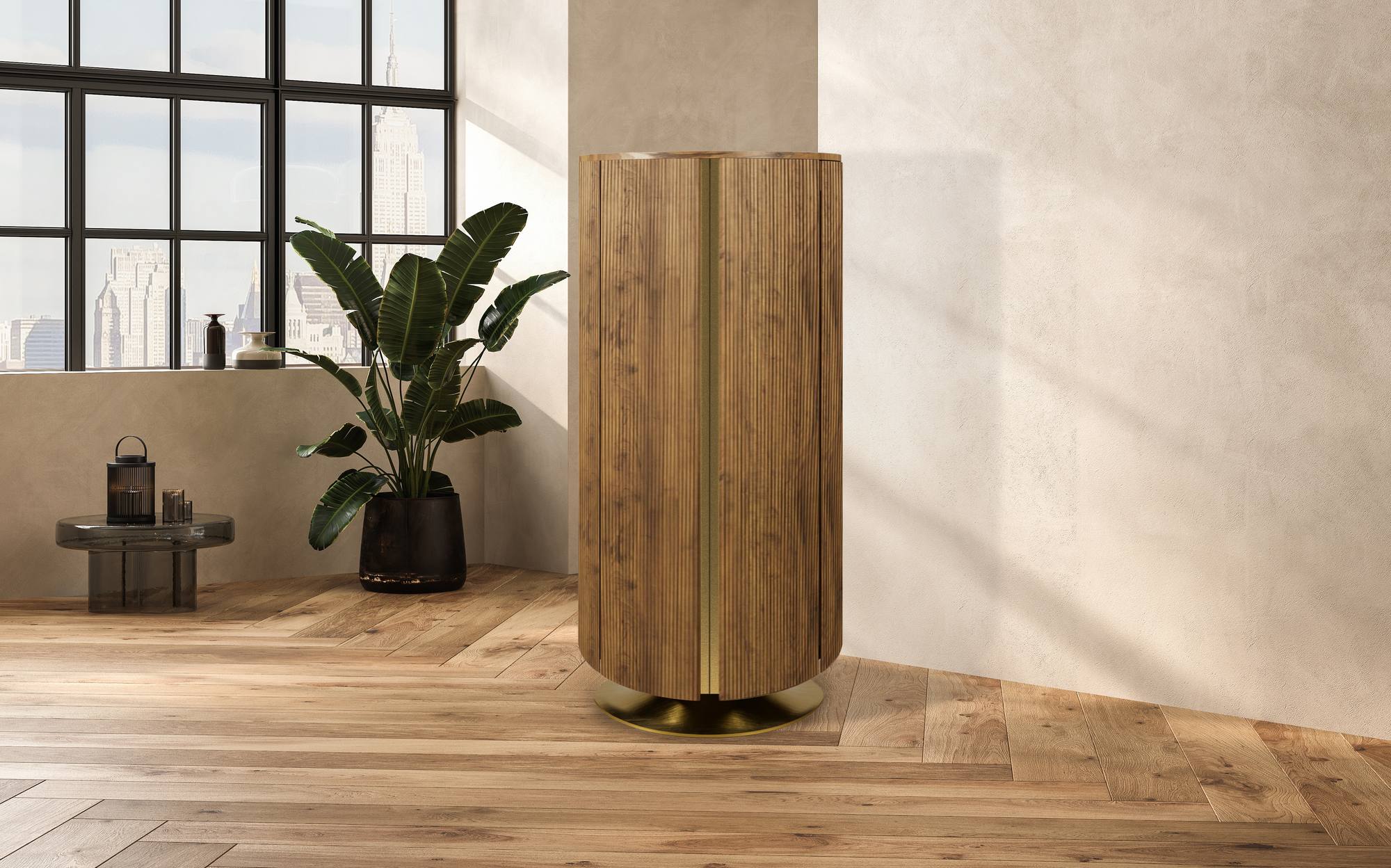 Agresti Italian luxury safes disguised as fine furniture, walnut round safe in a luxury interior