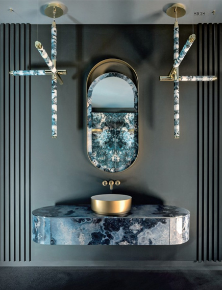 Detail of a SICIS Elysian luxury bathroom with Vetrite surfaces and soft ambient lighting