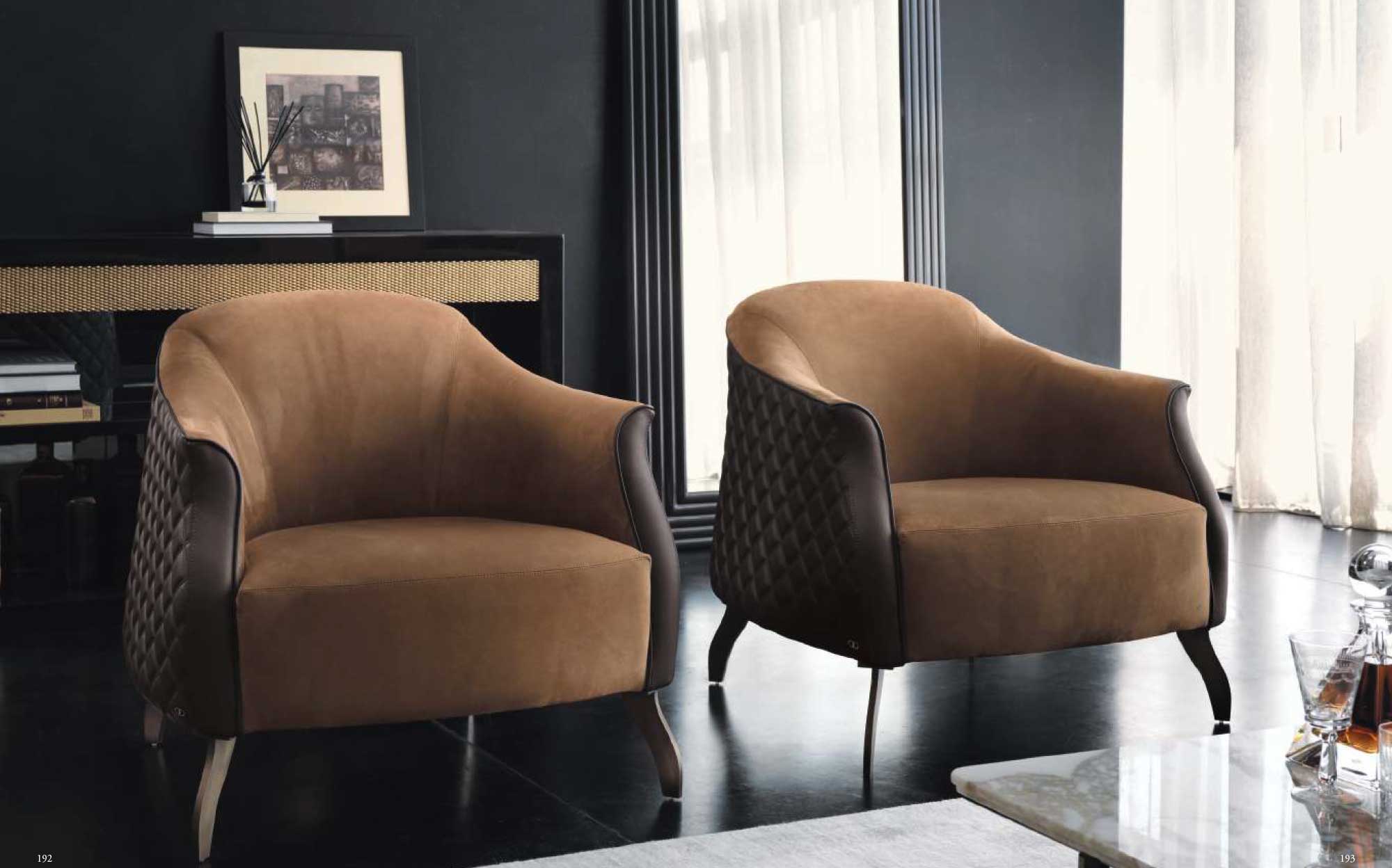 Poltrone design Daytona Home – Stile contemporaneo e materiali pregiati per ambienti sofisticati Coppia di poltrone Daytona Home in pelle trapuntata e velluto marrone, eleganza e comfort per il salotto moderno