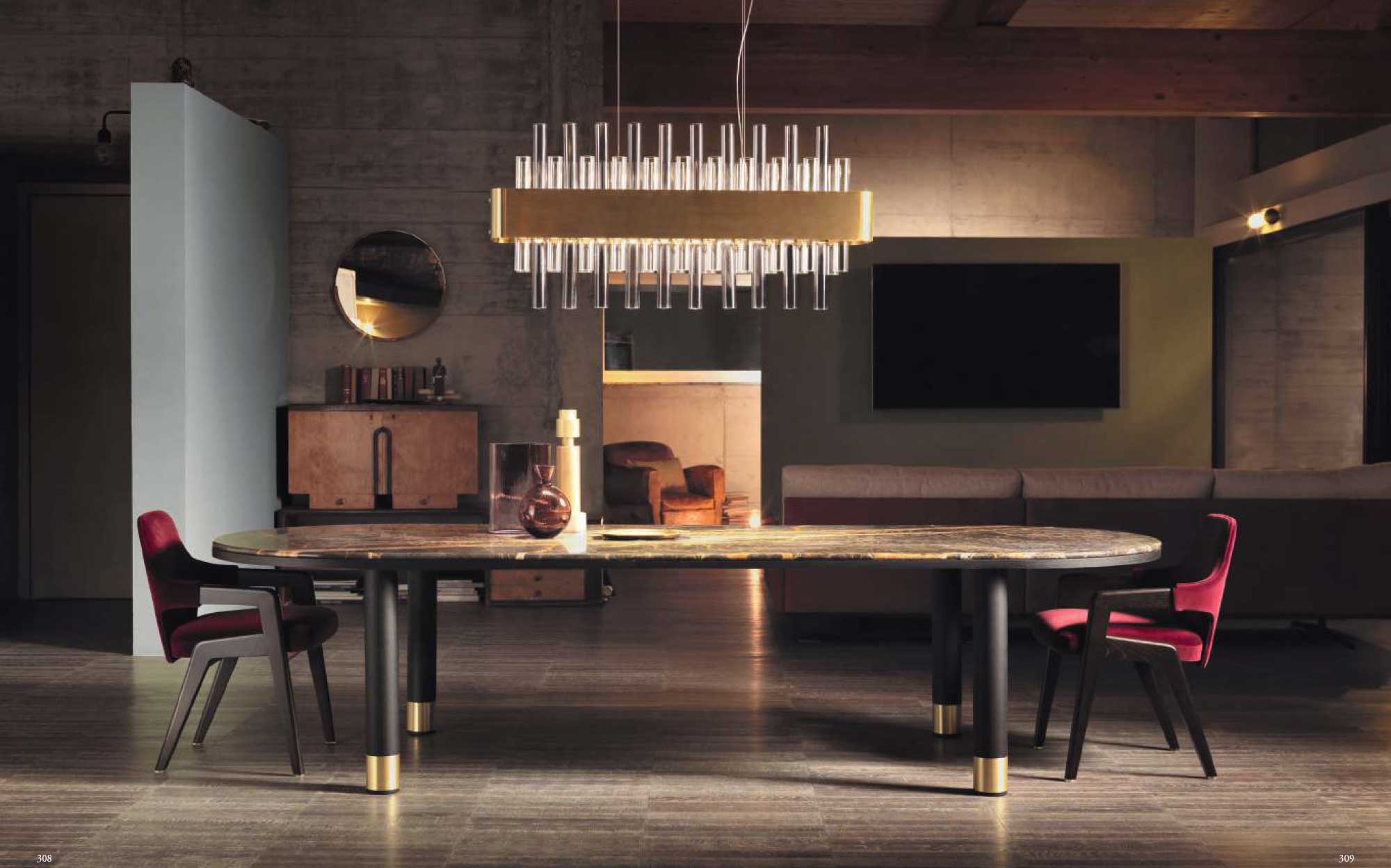 Daytona Home – Элегантная столовая с эксклюзивной мебелью на 101Domus Столовая Daytona Home – Дизайнерский стол с красными стульями и современным светом