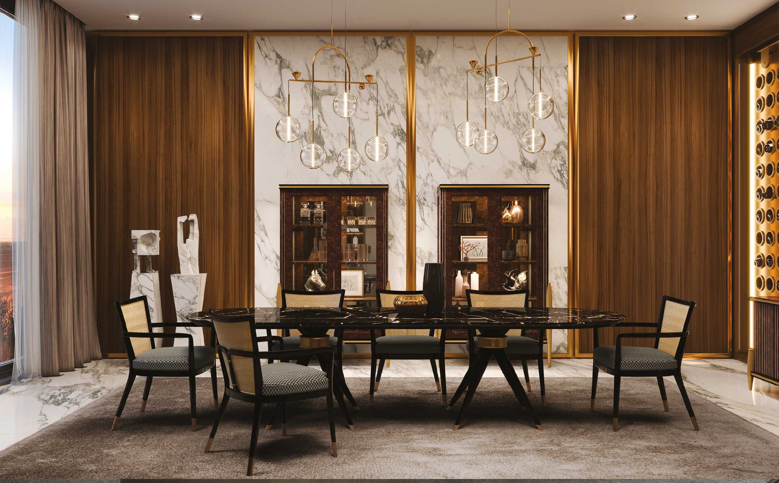Medea Mood – Luxurious dining room design with refined details on 101Domus Elegant dining interior with Medea furniture – Sophisticated composition with statement lighting and display cabinets