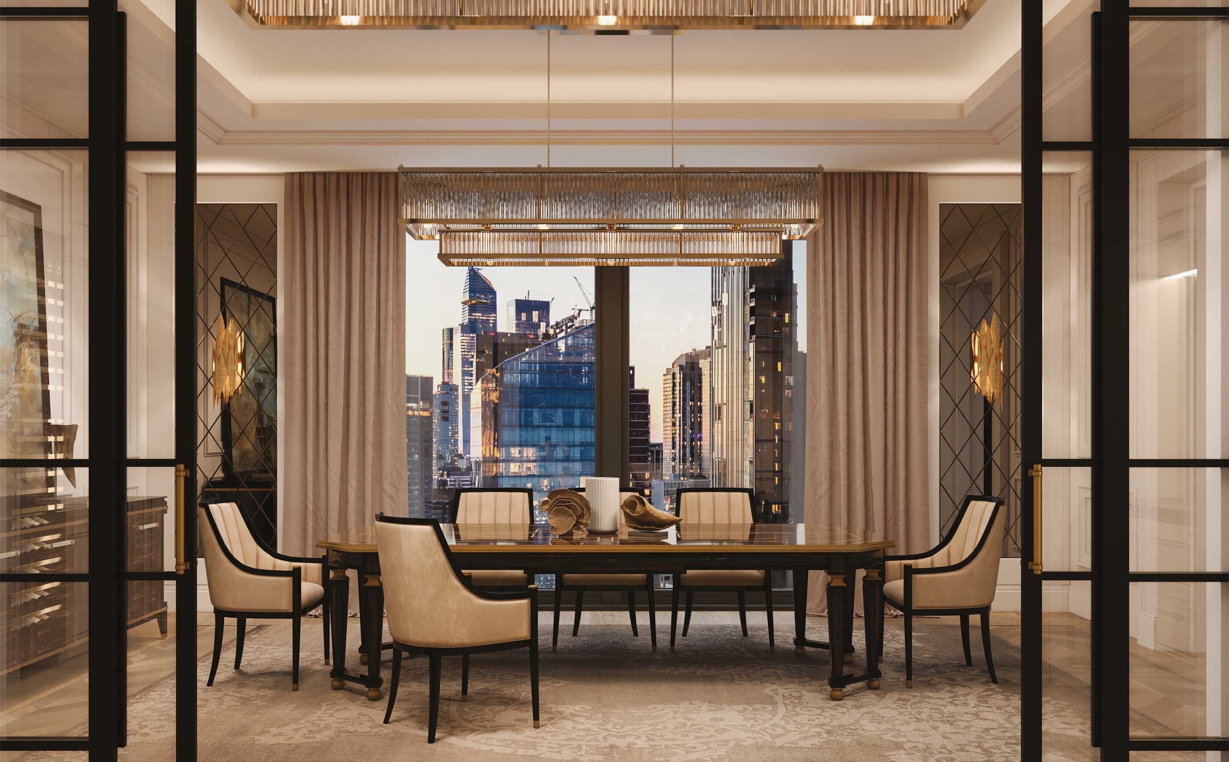 Medea Mood – Elegant dining atmosphere with panoramic views on 101Domus Luxurious dining room with Medea furniture – Sophisticated interior overlooking the city skyline