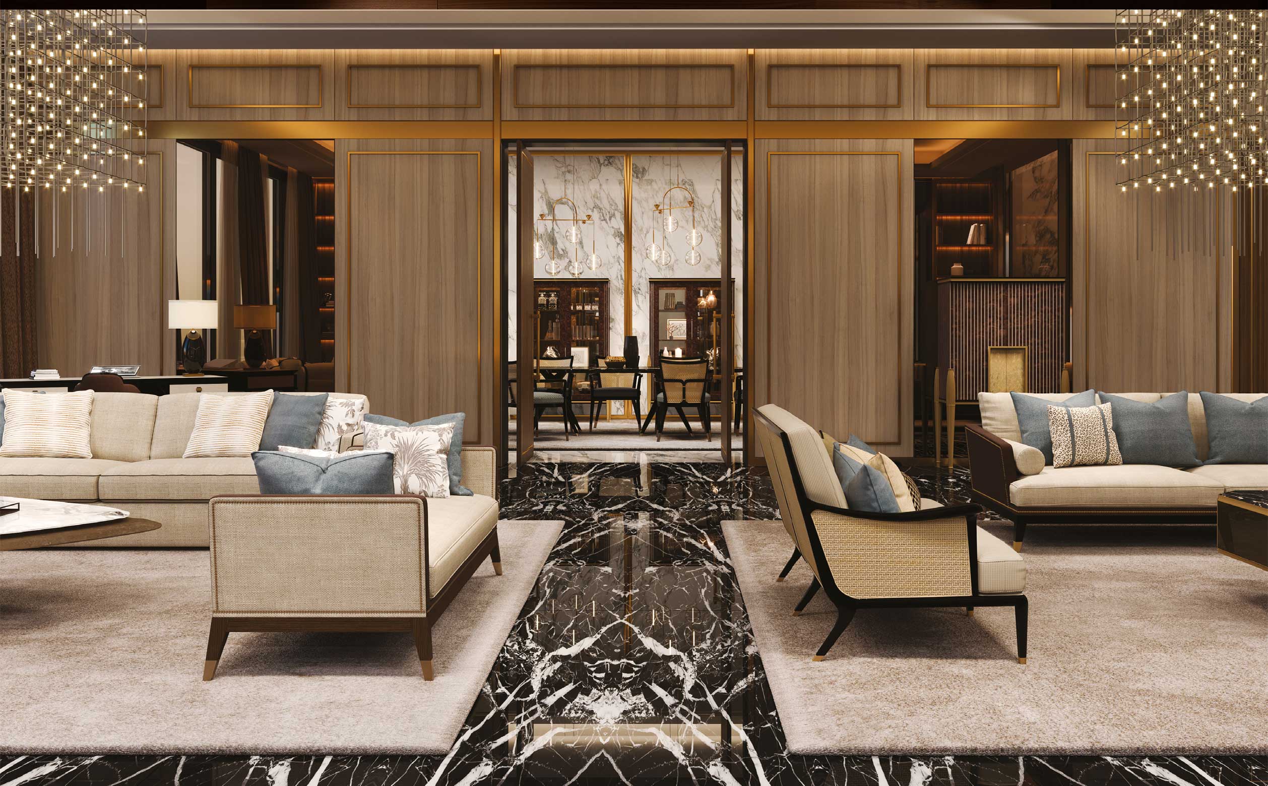 Medea Mood – Refined living space with integrated design on 101Domus Elegant living room with Medea furniture – Sophisticated seating and visual connection to dining area
