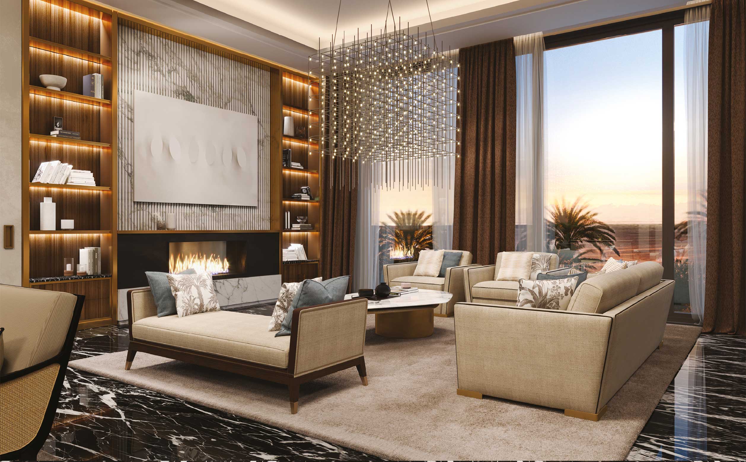 Medea Mood – Timeless living space with atmospheric lighting on 101Domus Refined living room with Medea furniture – Elegant lounge area with fireplace and panoramic sunset view